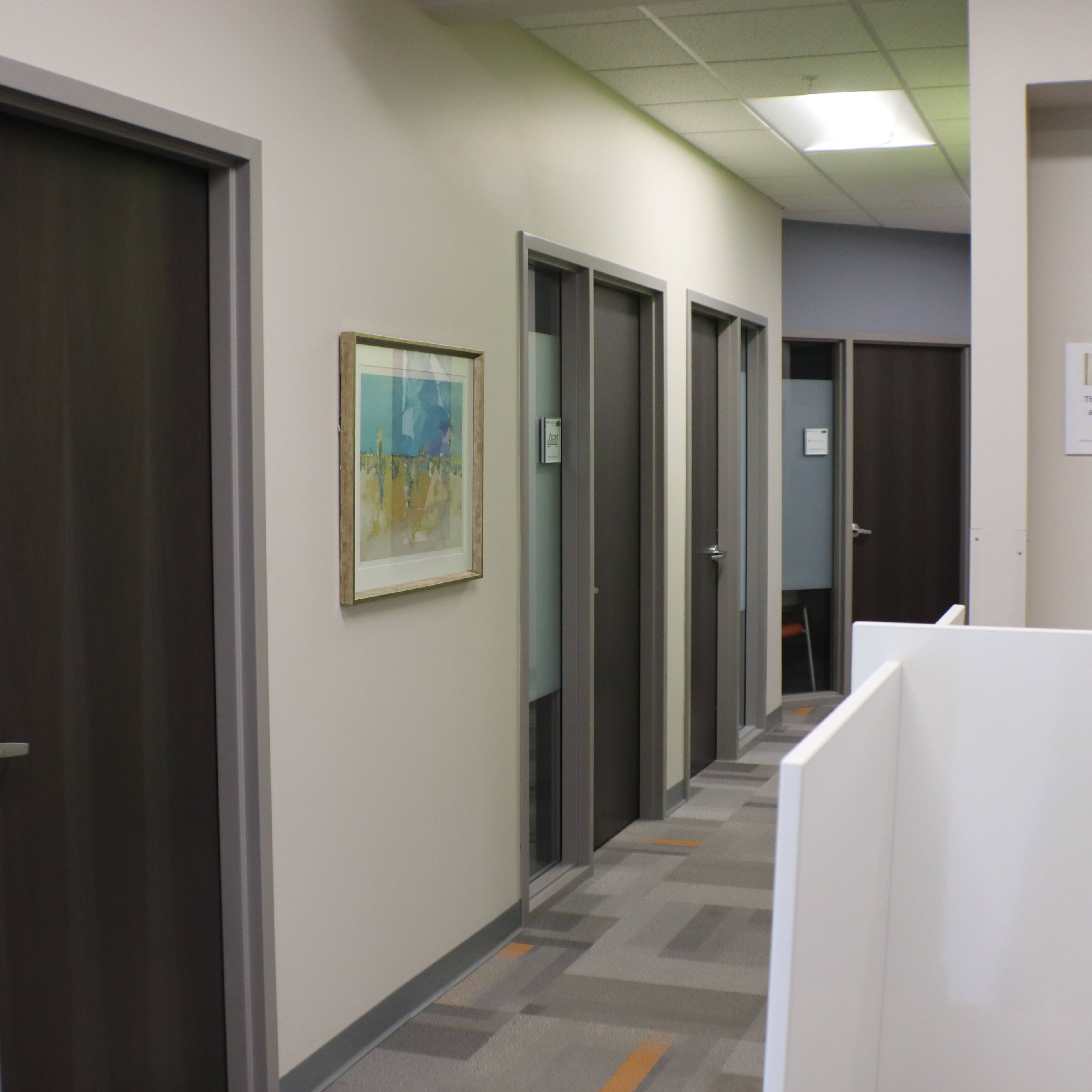 A corridor with several closed office doors and a framed painting on the wall.