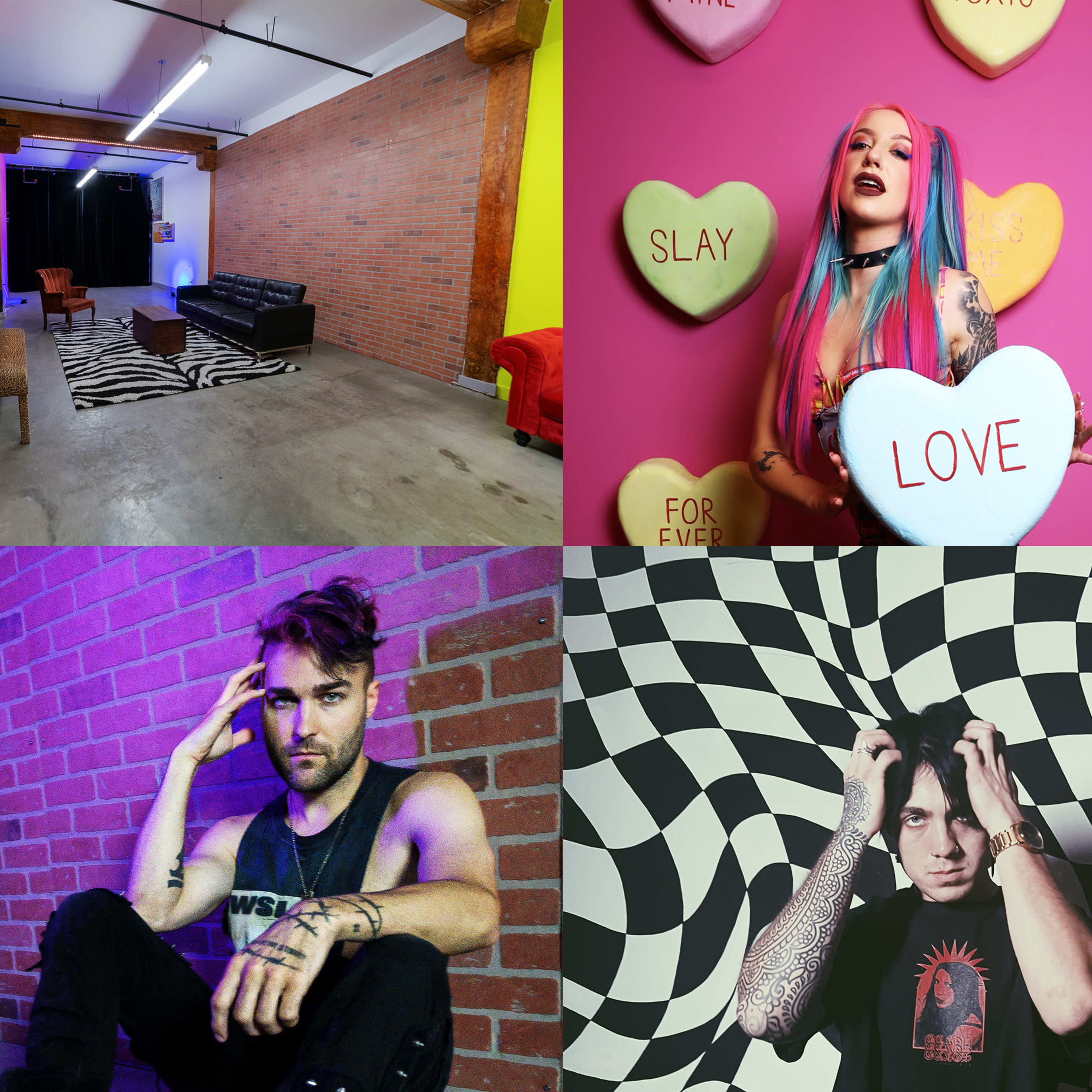 A split scene with a vibrant room showcasing colorful walls and a checkered design, a woman holding a heart-shaped sign, and two men posing against a similarly patterned background.