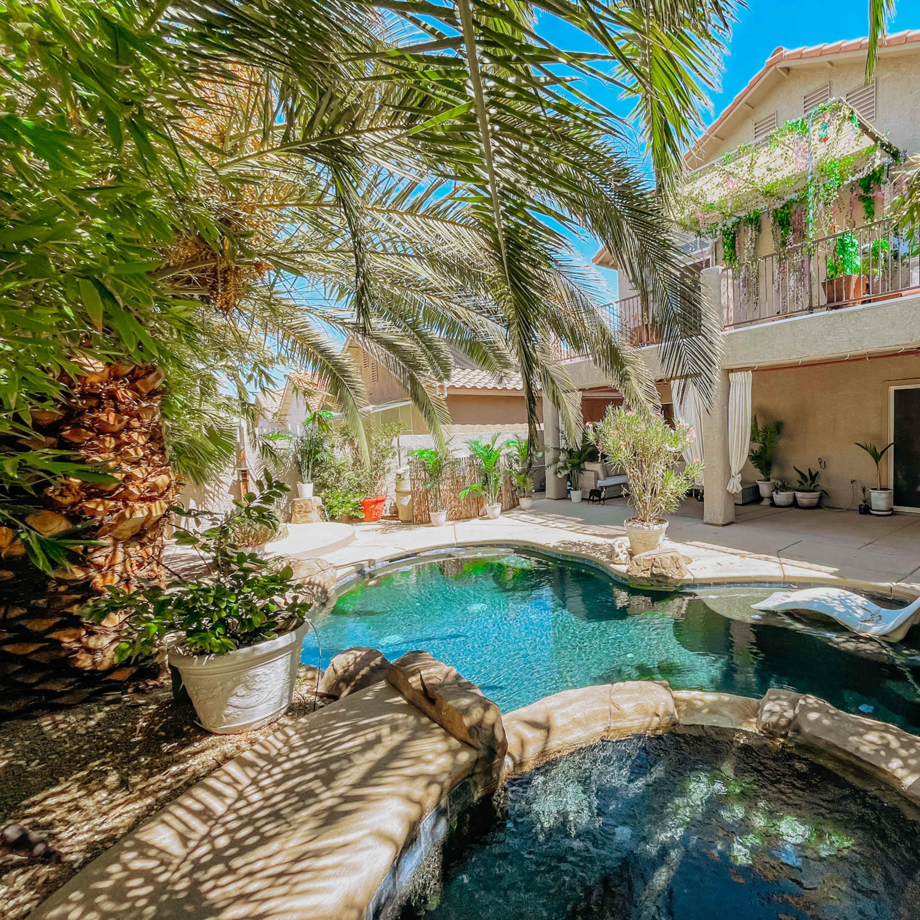 A small outdoor area features a swimming pool surrounded by palm trees and a two-story house in the background.