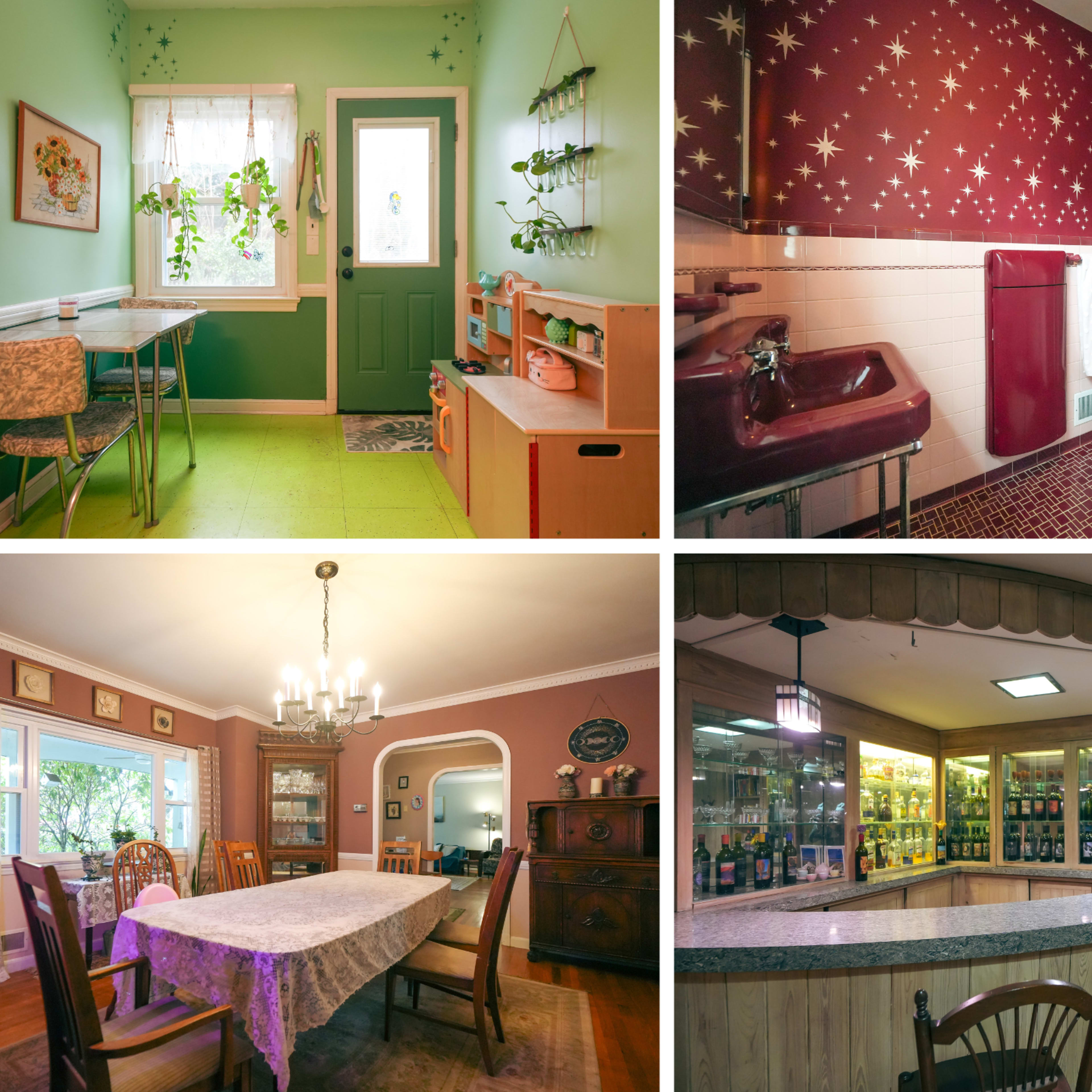 Four distinct rooms: a green kitchen with plants, a red-themed bathroom with star patterns, a dining room with a formal table setting, and a cozy bar area with shelves of liquor.