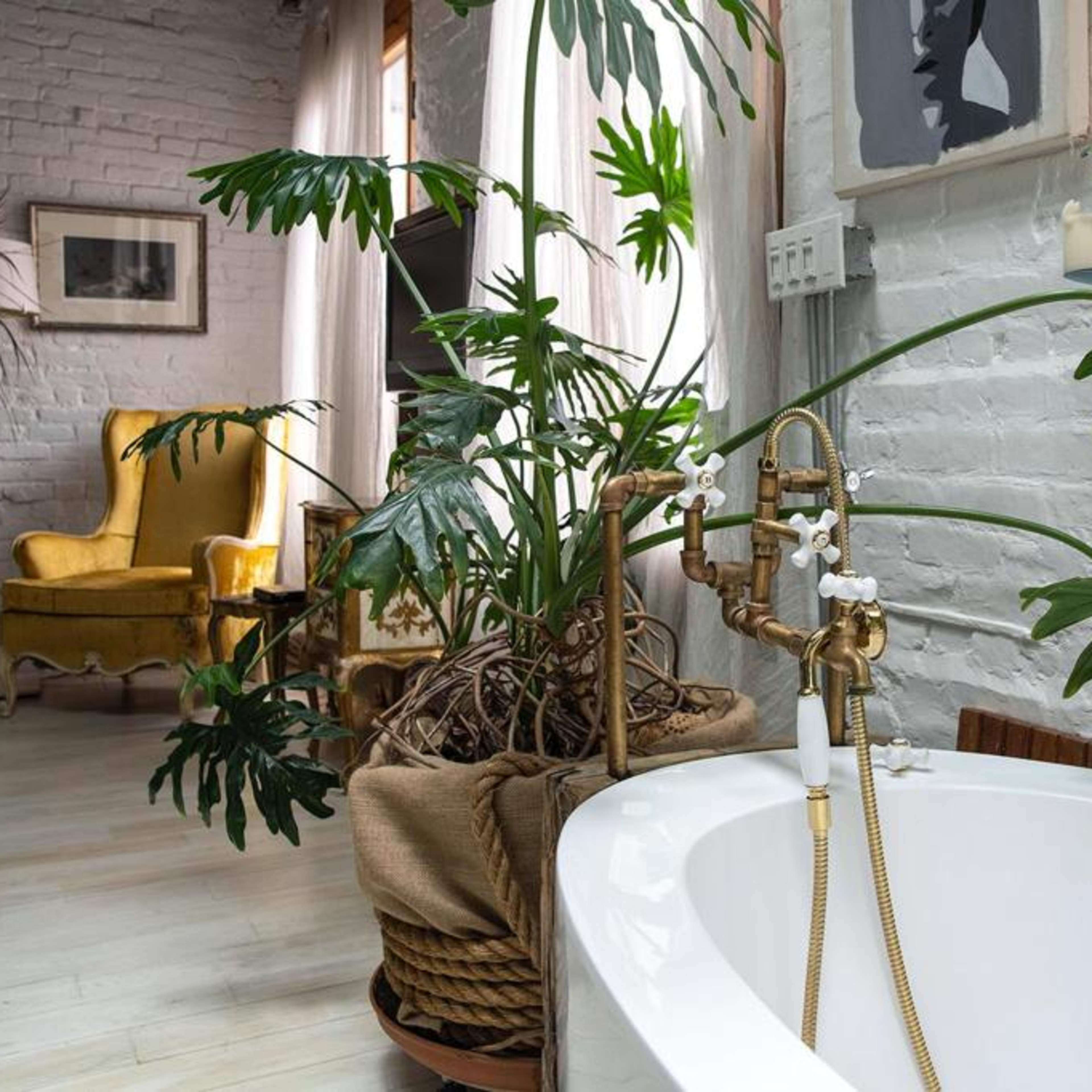 A modern bathroom features a white bathtub surrounded by large leafy plants and a vintage yellow armchair in the background.