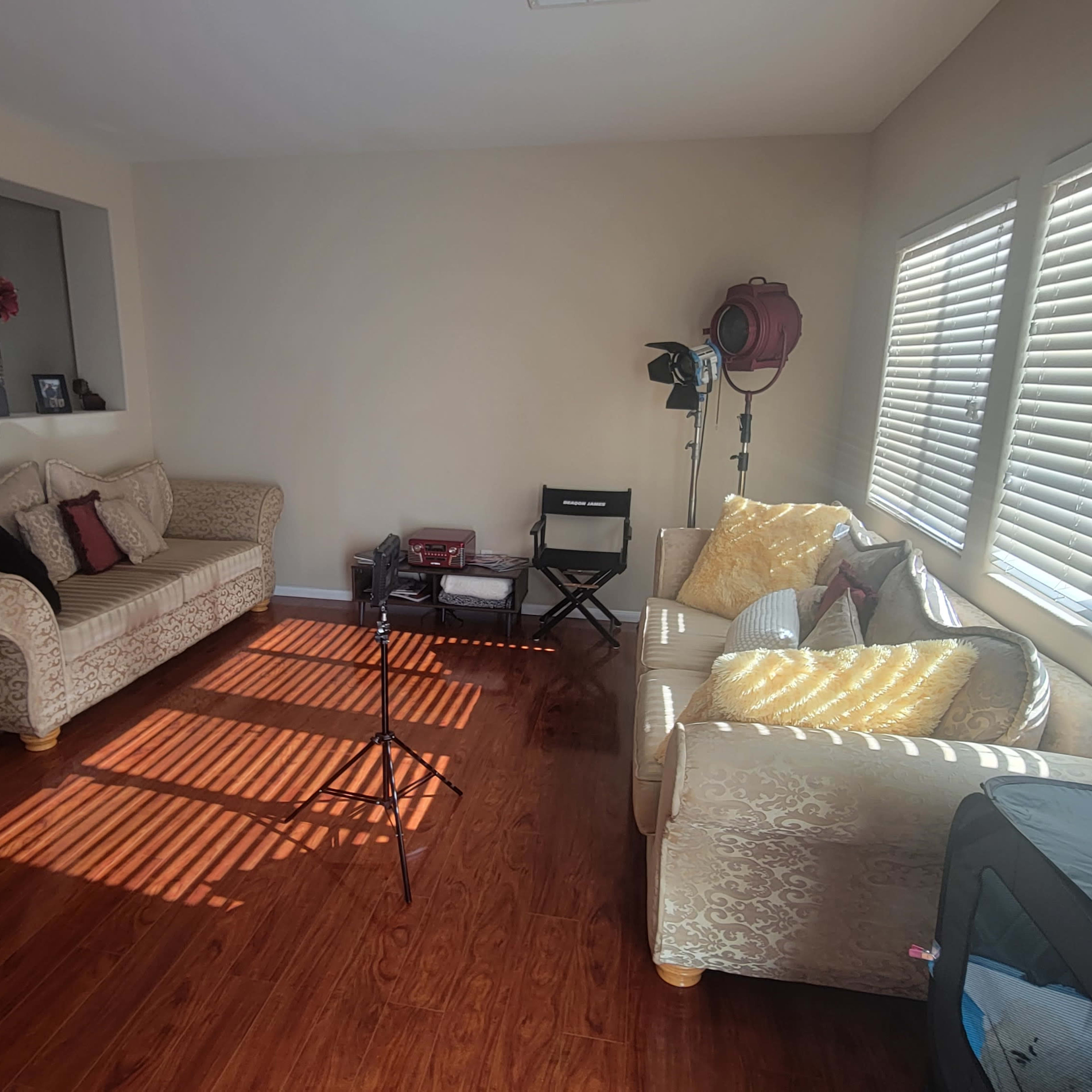 A living room with a beige couch and chairs, hardwood floors, and sunlight casting shadows through the blinds.