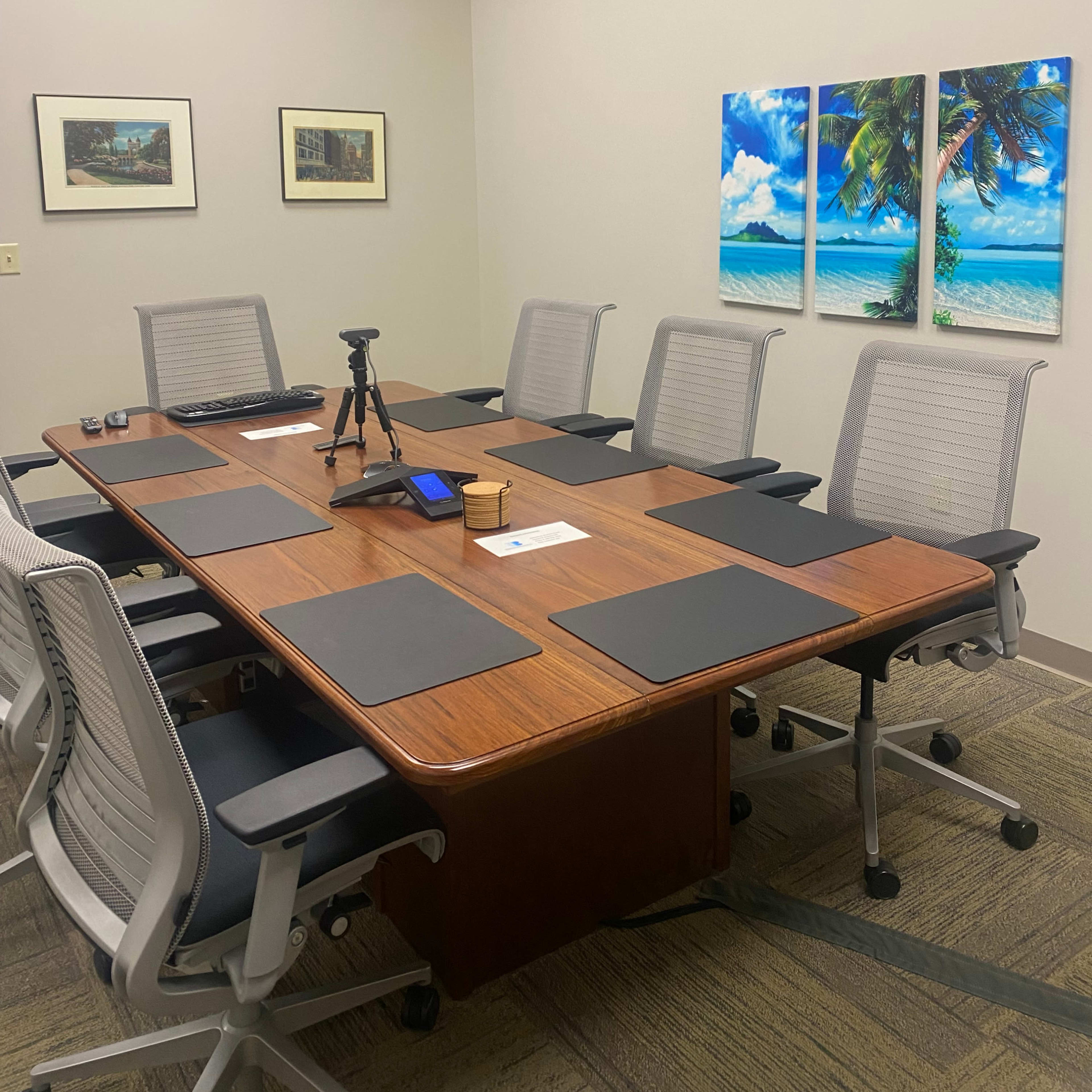 A conference room features a large wooden table surrounded by six ergonomic chairs, with a camera setup and tropical-themed artwork on the walls.