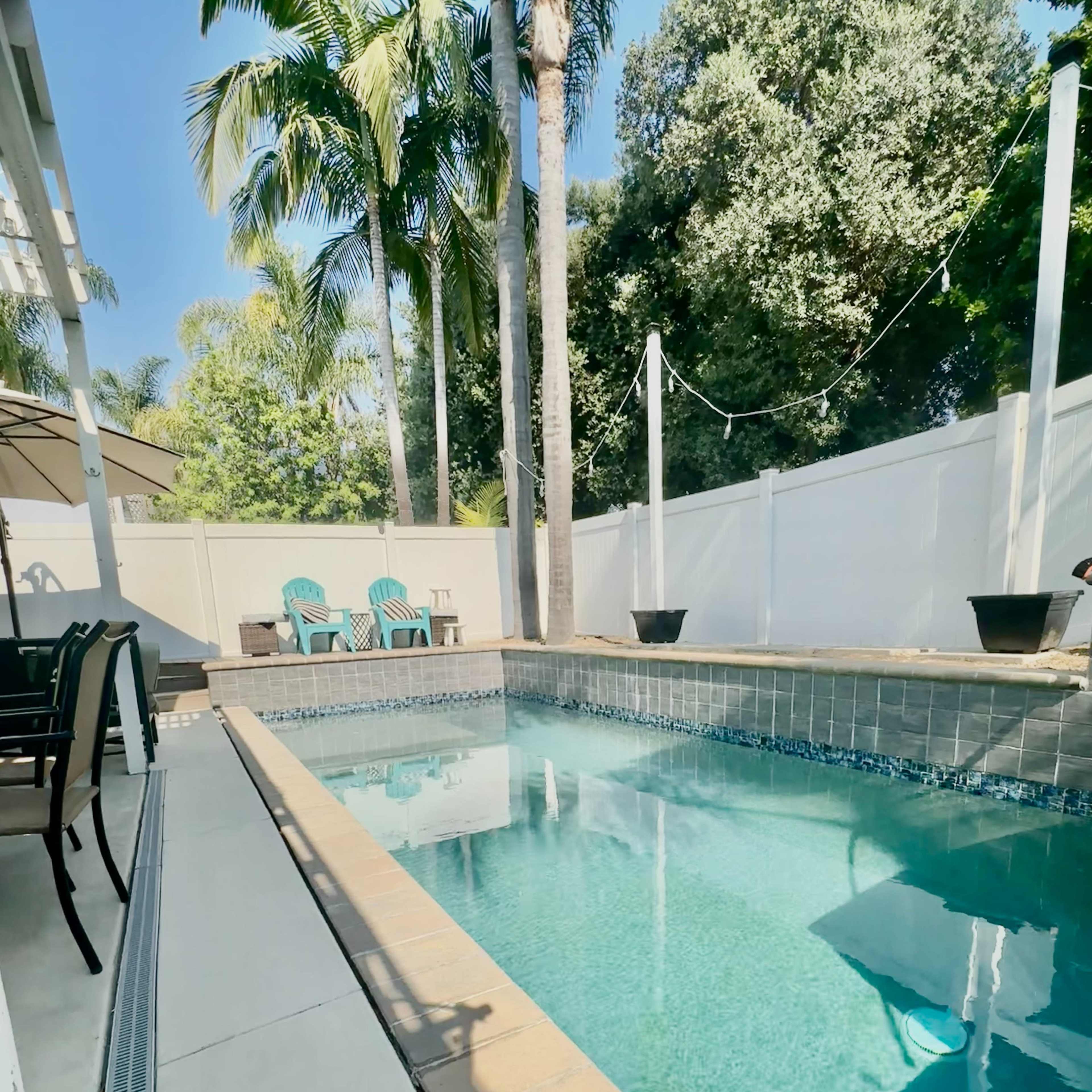 A clear swimming pool is surrounded by palm trees and white fencing, with two blue chairs visible on the patio.