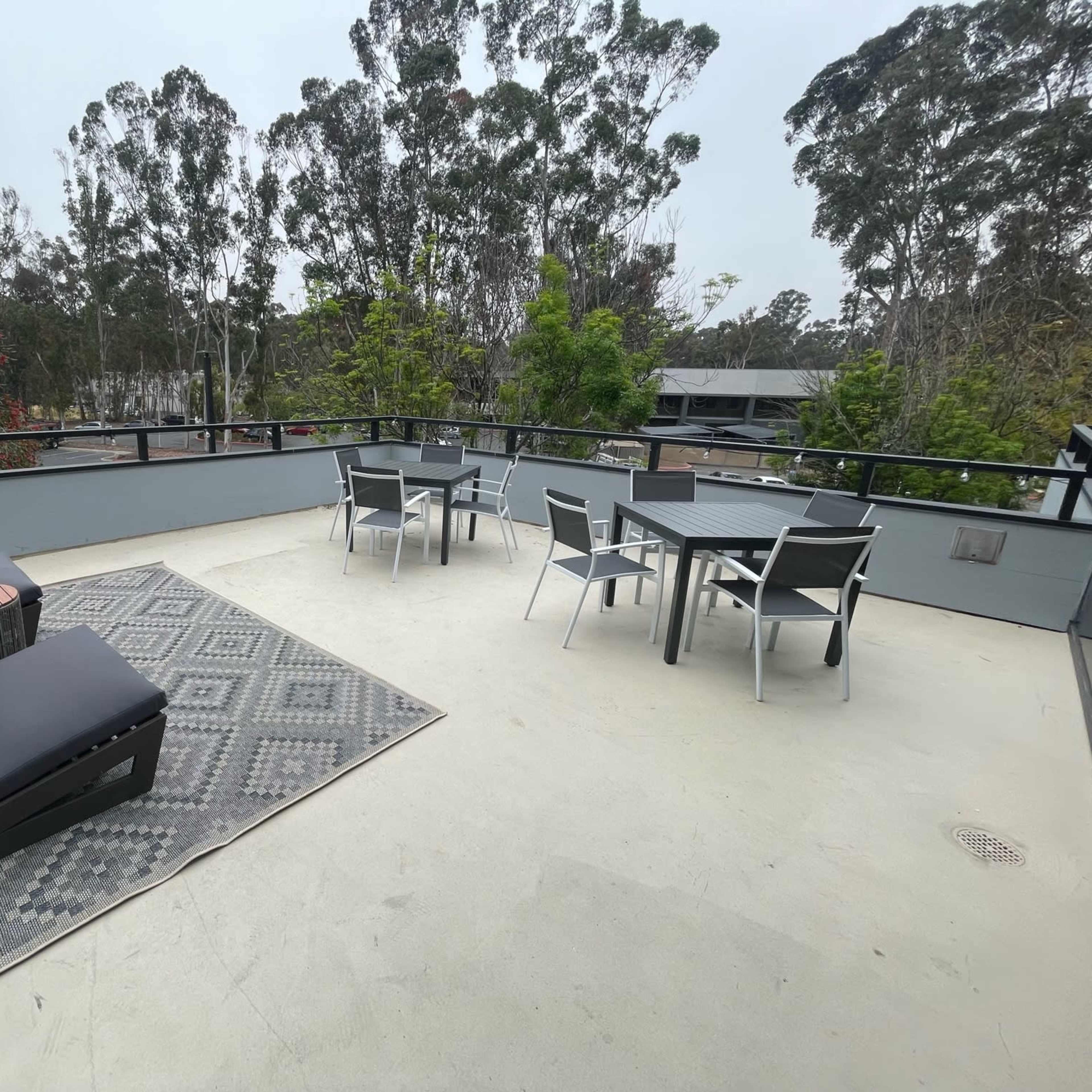 A rooftop patio featuring a seating area with a couch, a rug, and a dining set surrounded by trees.