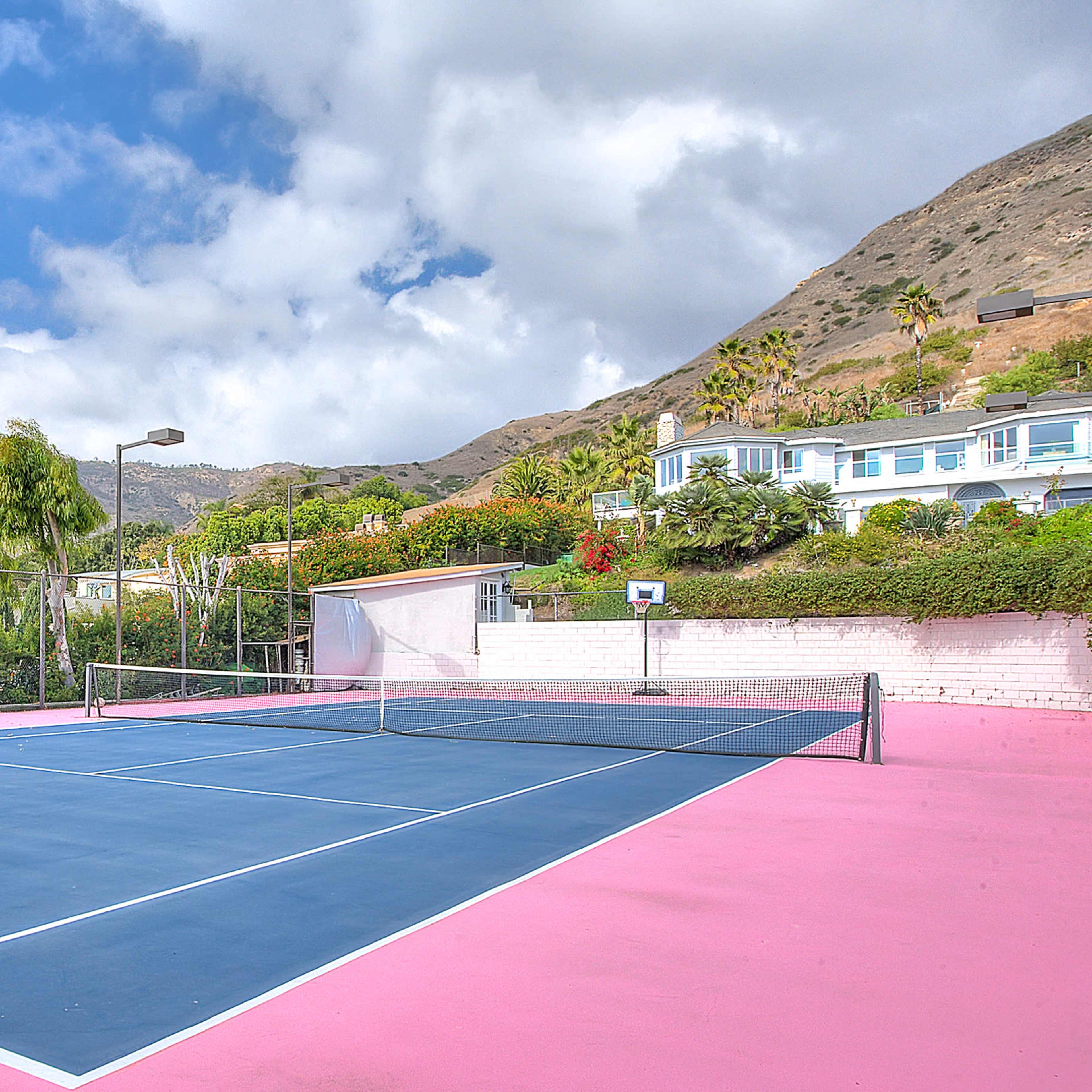A tennis court with a blue surface and pink border, surrounded by greenery and overlooking a hillside with houses.