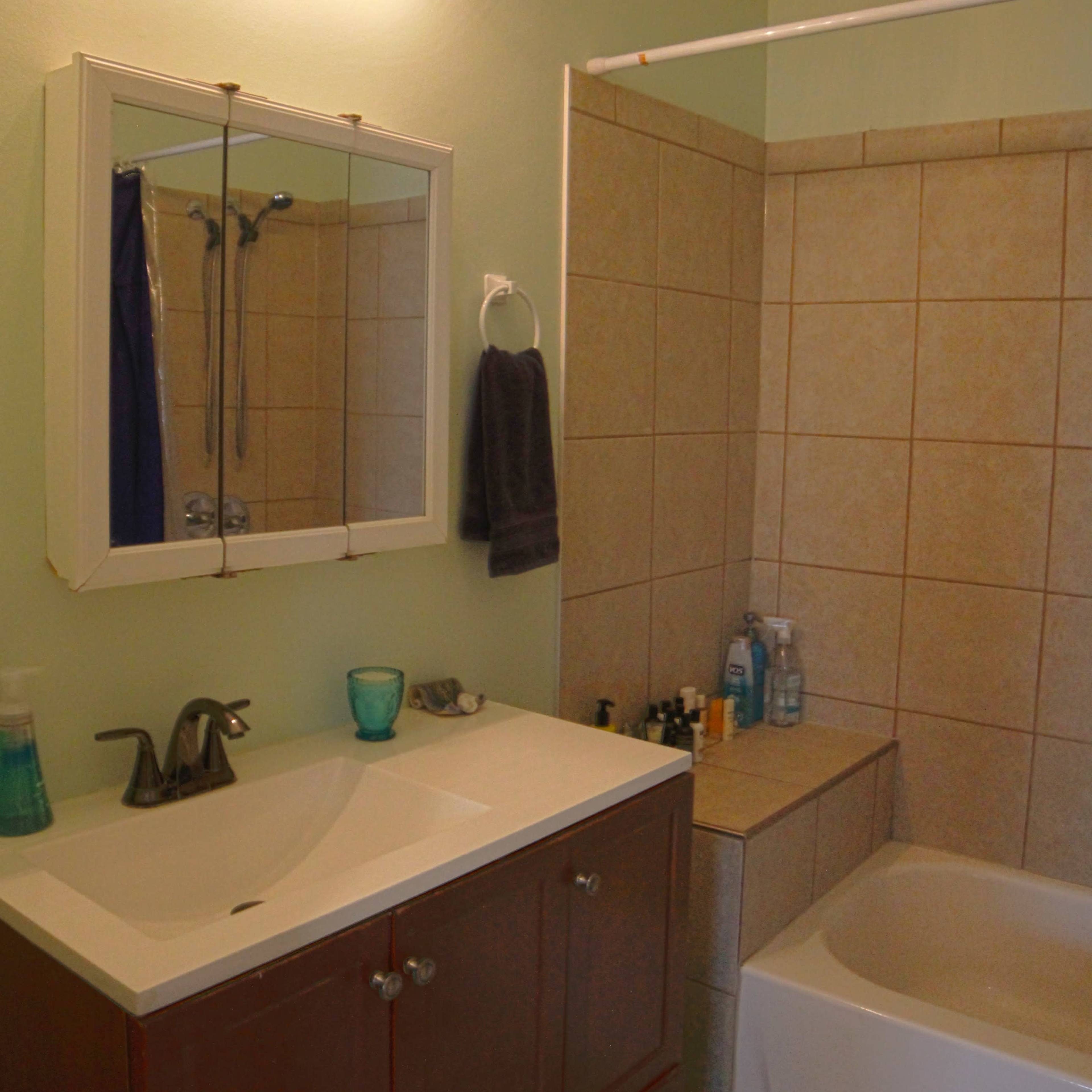 A bathroom featuring a vanity with a sink, a mirror, and a bathtub with a shower area surrounded by tiled walls.