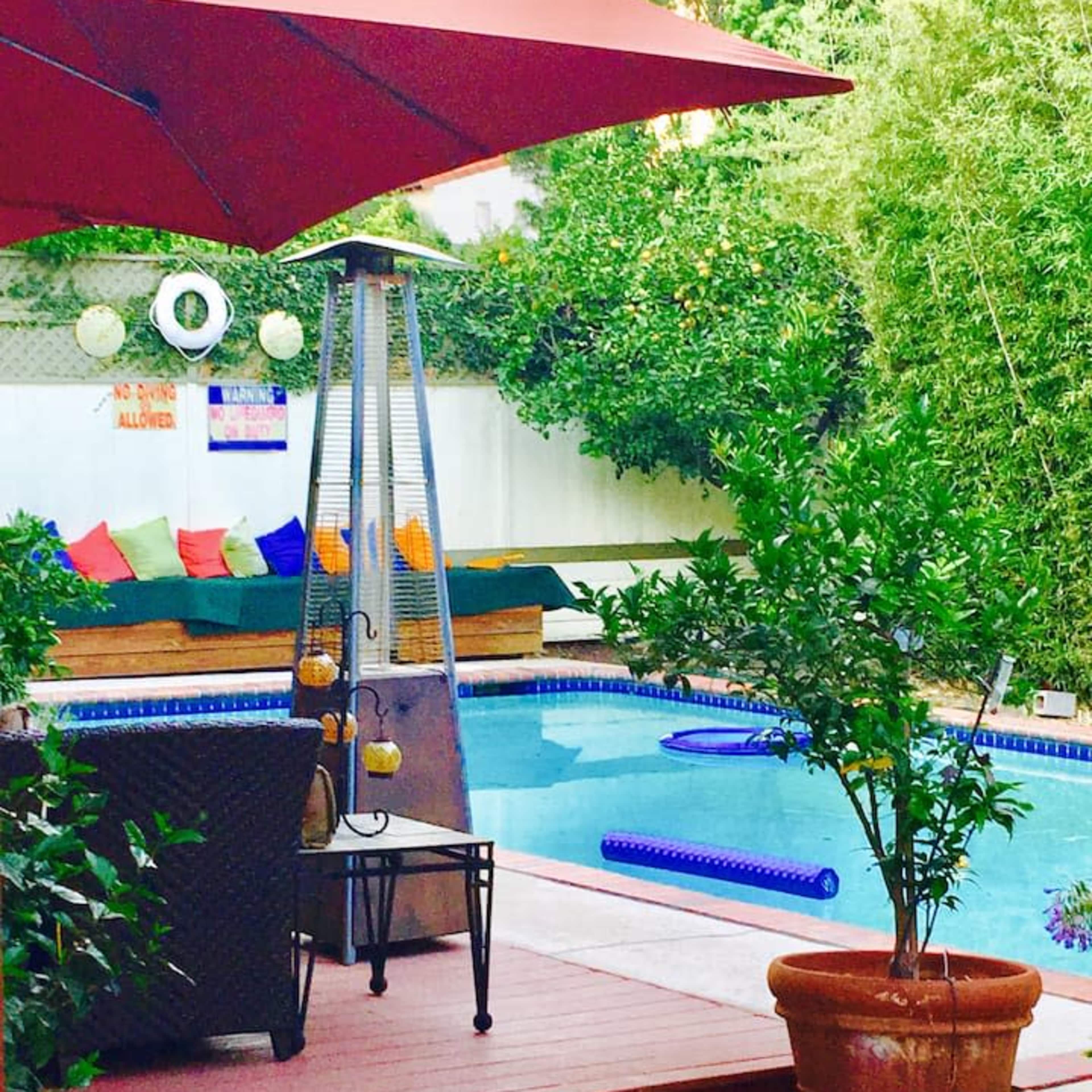 The scene features a backyard pool with a lounge area under an umbrella, surrounded by greenery and colorful cushions.