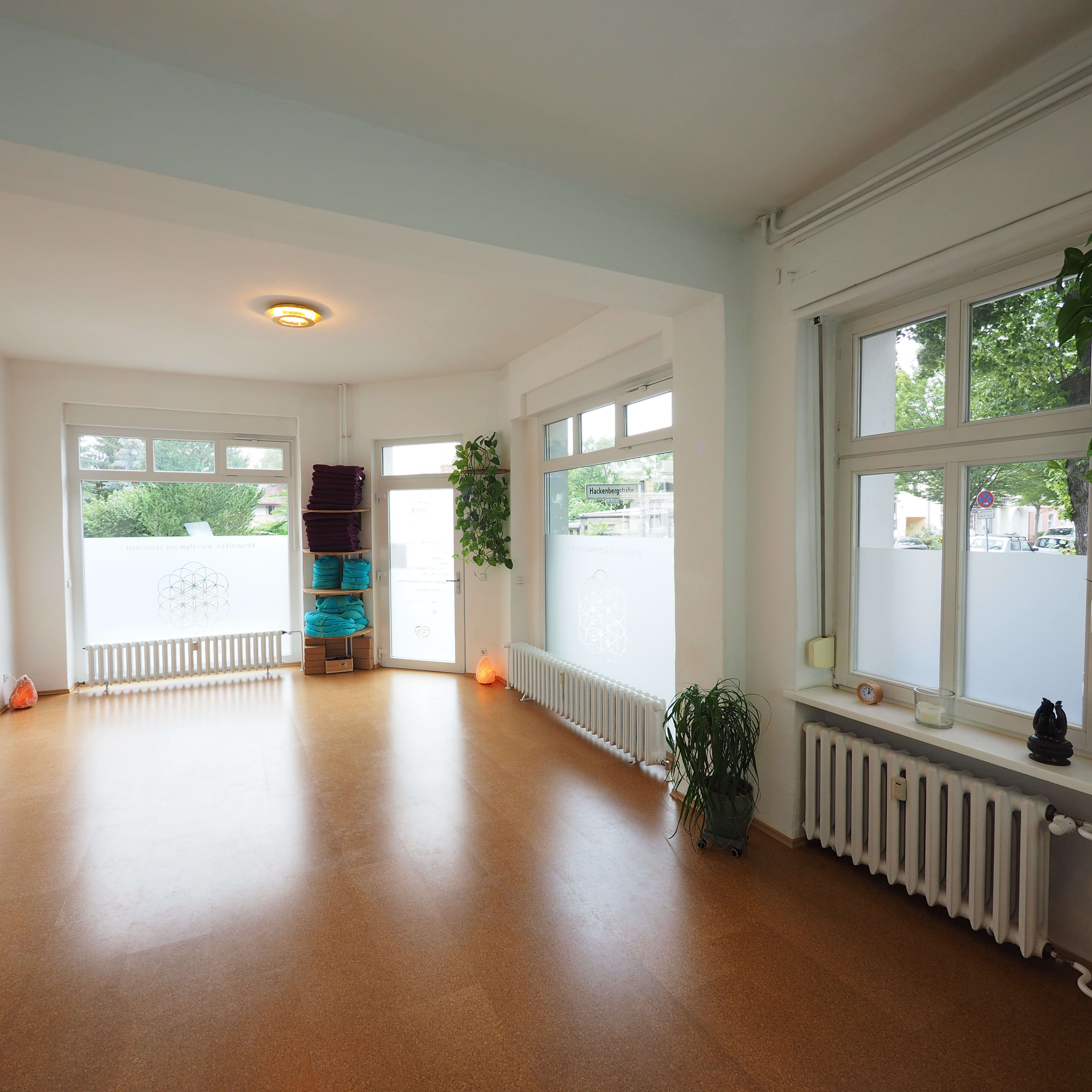 A spacious, well-lit room with large windows, plants along the walls, and a smooth floor.