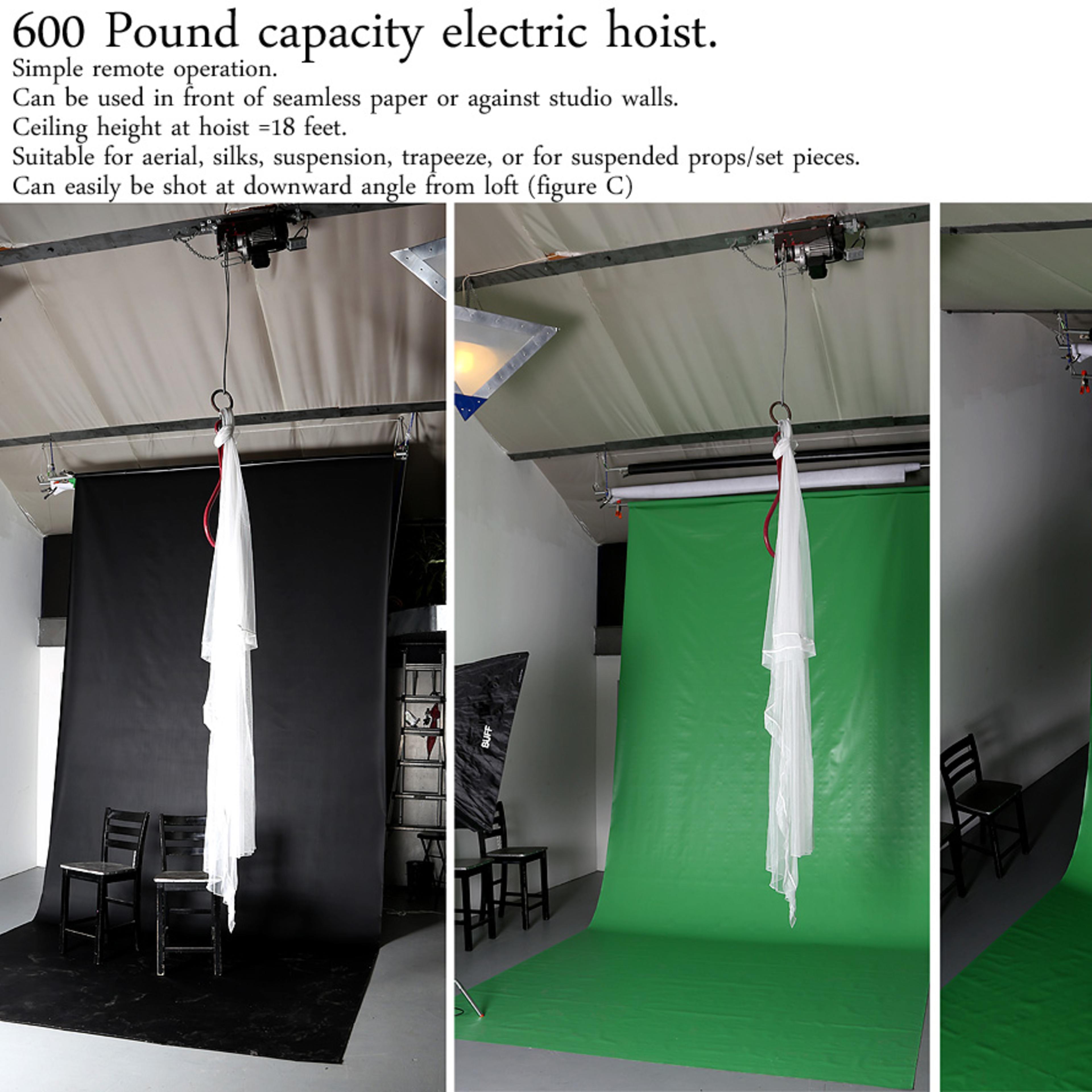 A 600-pound capacity electric hoist set up in a studio, with a white fabric hanging from it against black and green backdrops.