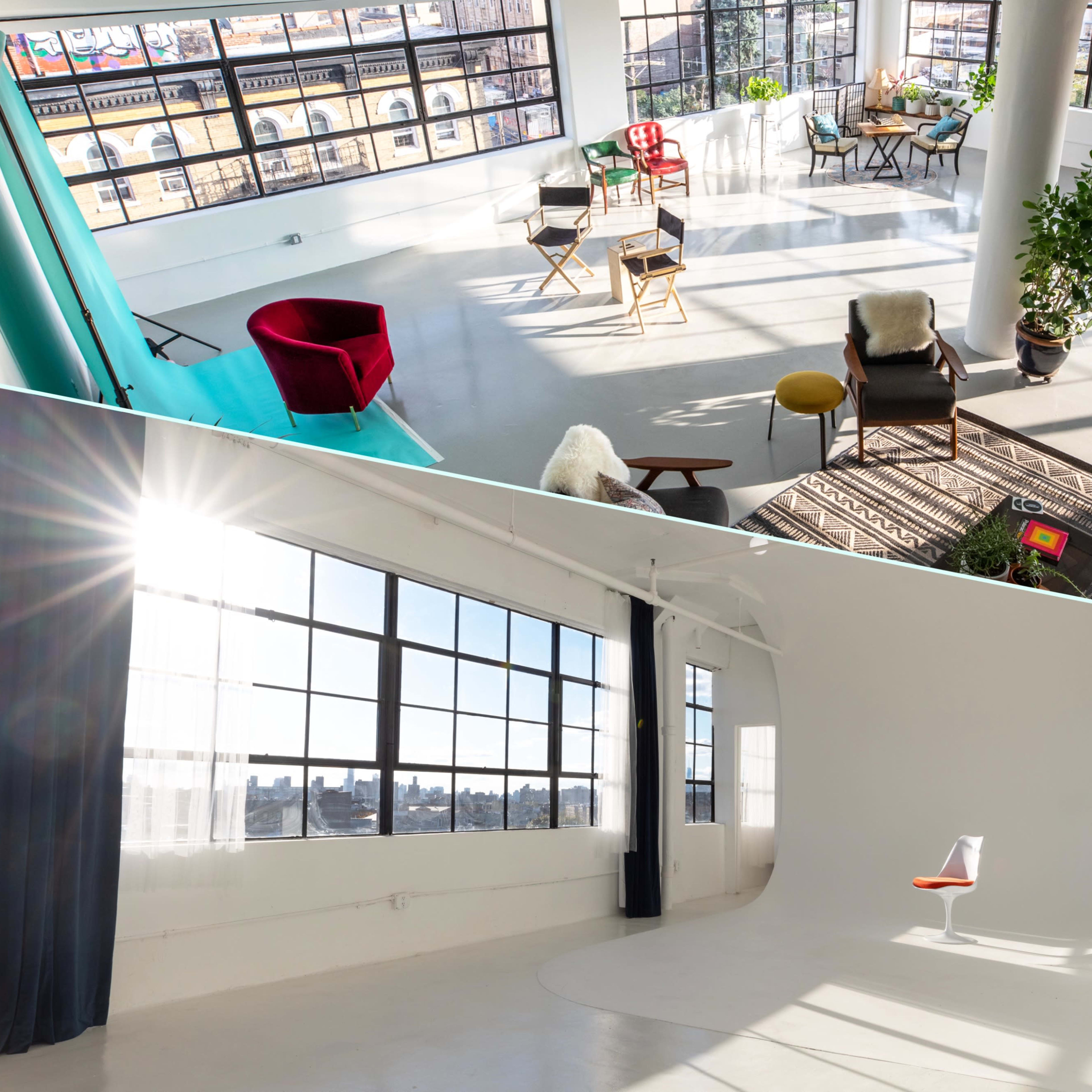 A split view of two different studio spaces, featuring a bright and open area with seating and plants, and a minimalist white studio with a single chair and ample natural light.