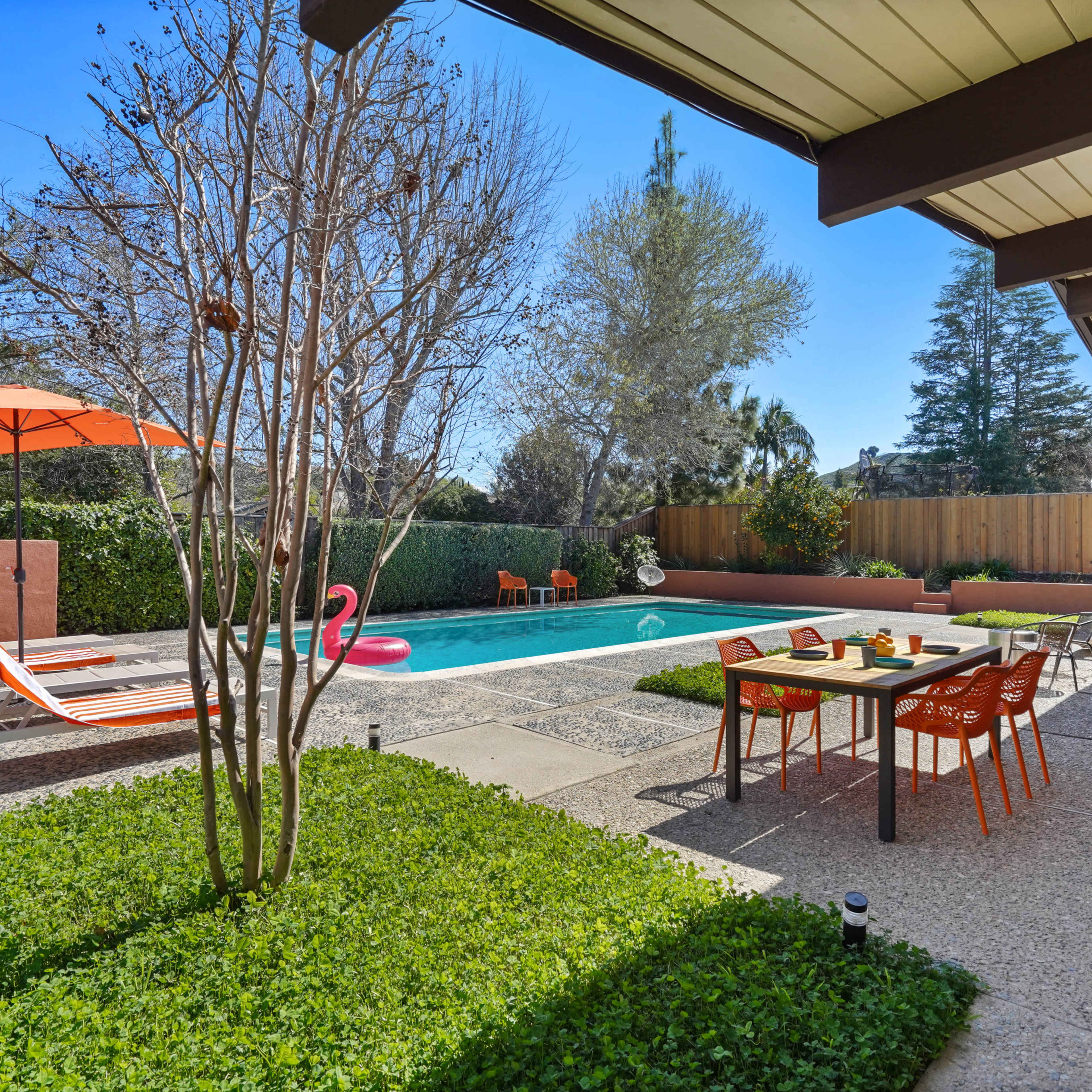 A backyard with a swimming pool, lounge chairs, an orange umbrella, and a dining table surrounded by greenery.