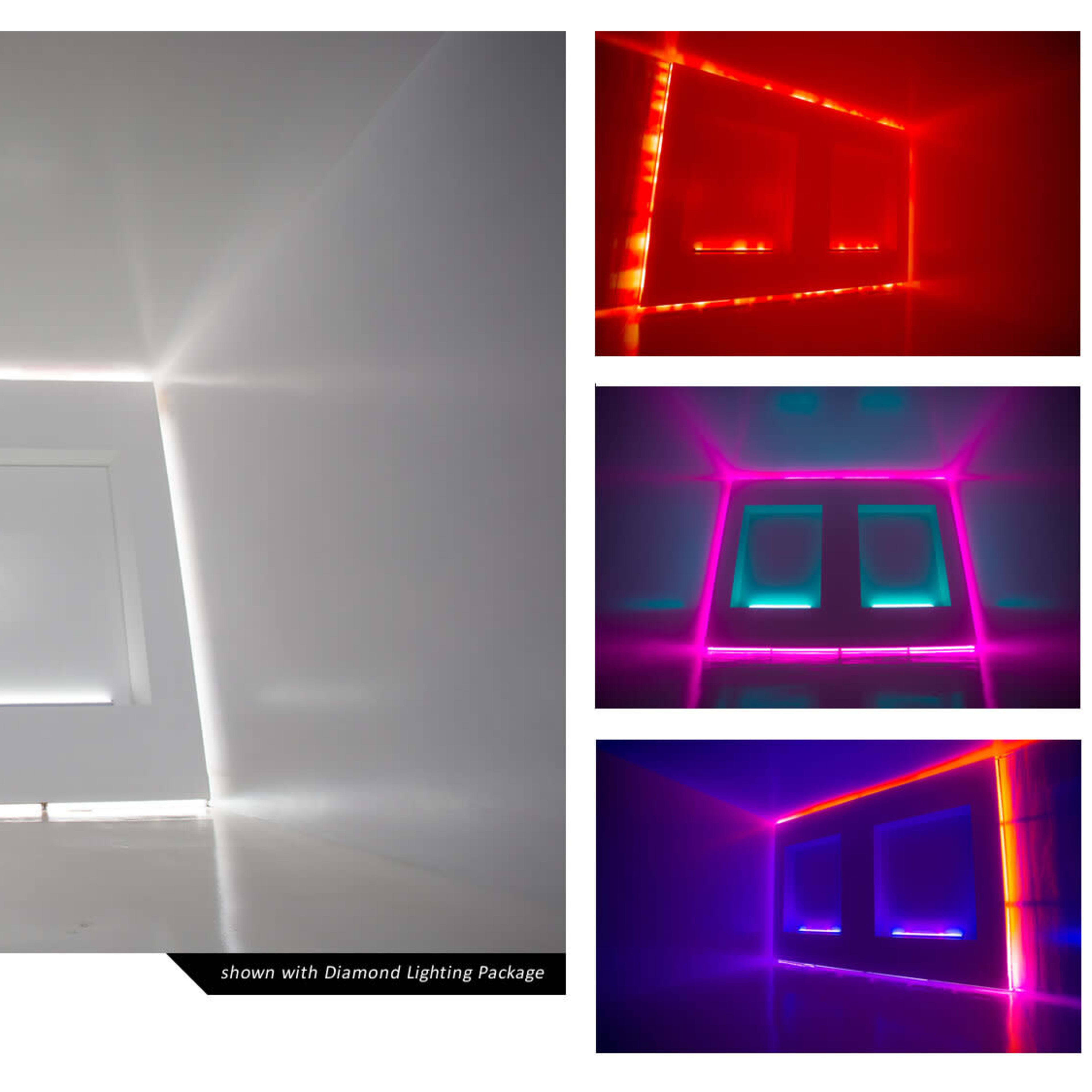 A minimalist white room with illuminated edges and a pair of windows.