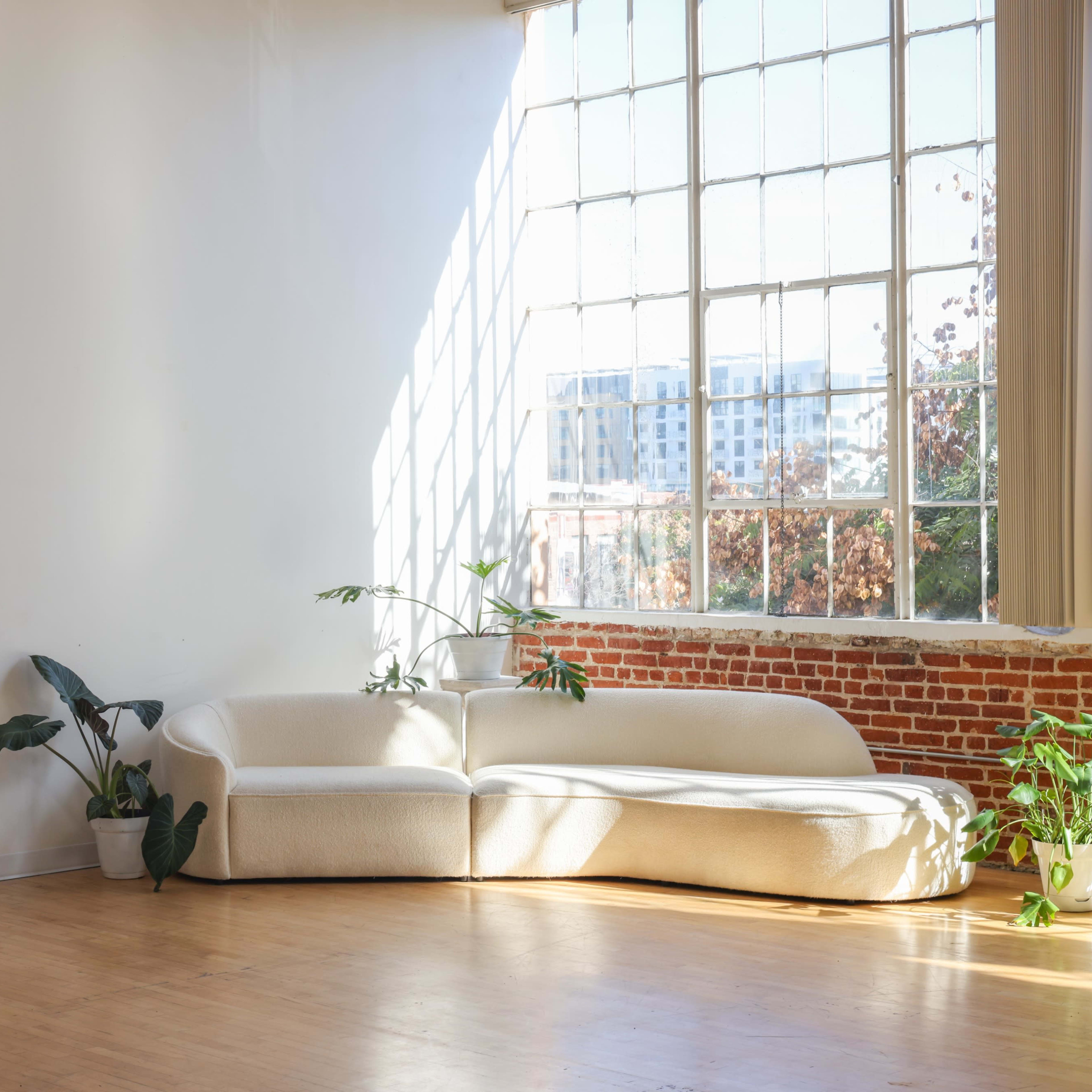 A bright, airy room with a large window, a curved white sofa, and a mirror reflecting the space, along with potted plants.