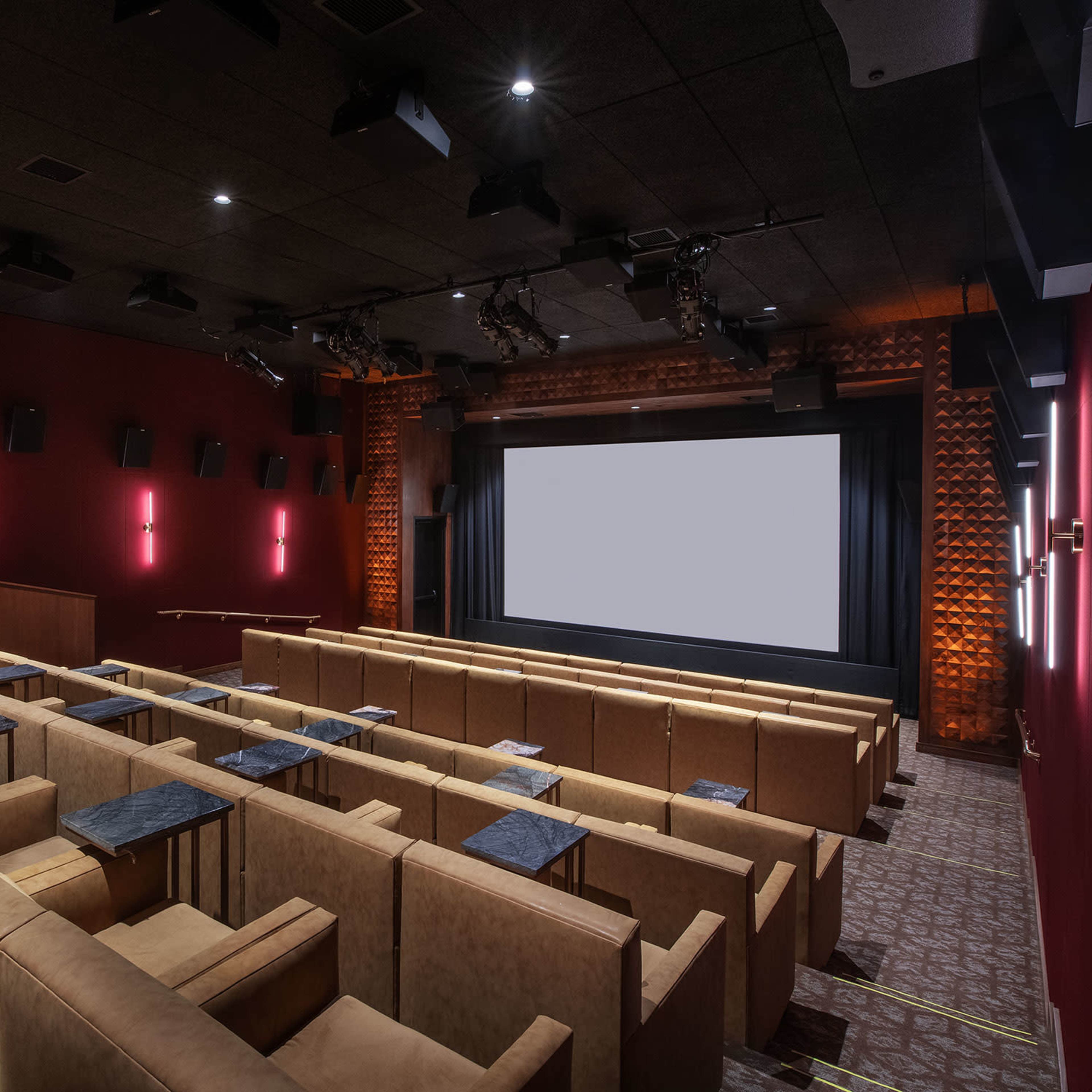 A modern theater with plush seating arranged in tiers facing a large projection screen.