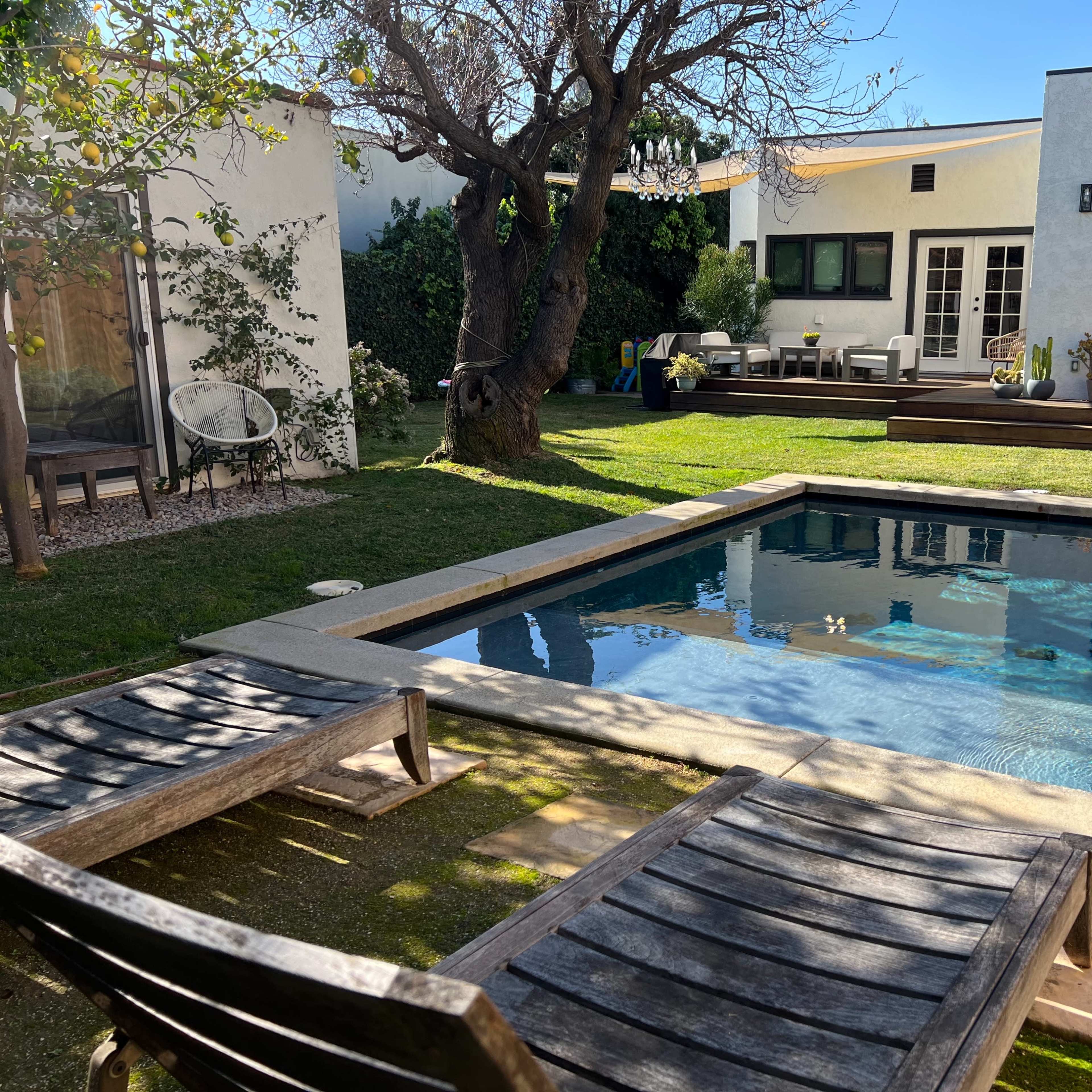 A small backyard features a swimming pool surrounded by grass and wooden decking, with lounge chairs and a view of a modern house in the background.