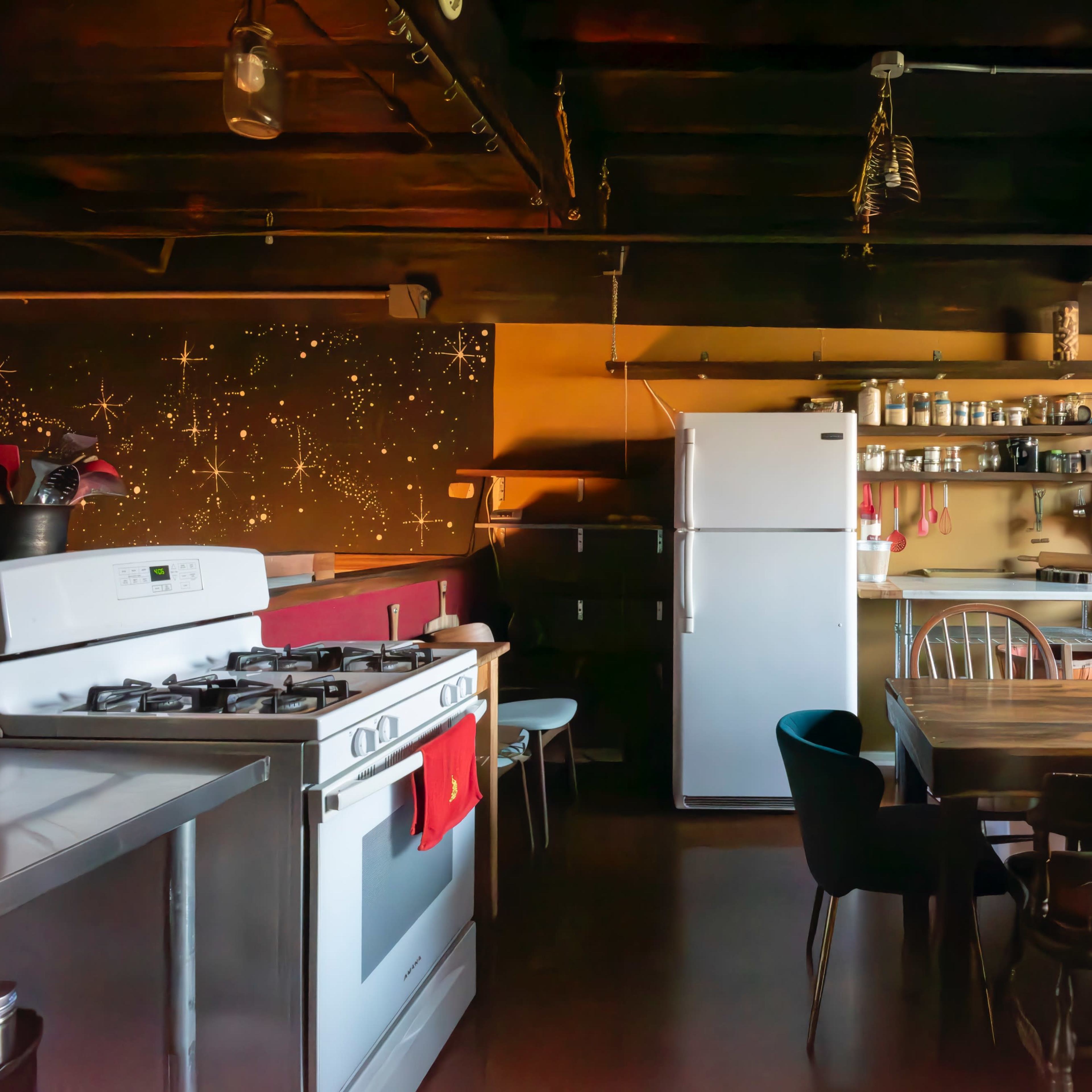 A modern kitchen with a gas stove, white refrigerator, wooden dining table, and shelves filled with jars and kitchen supplies.
