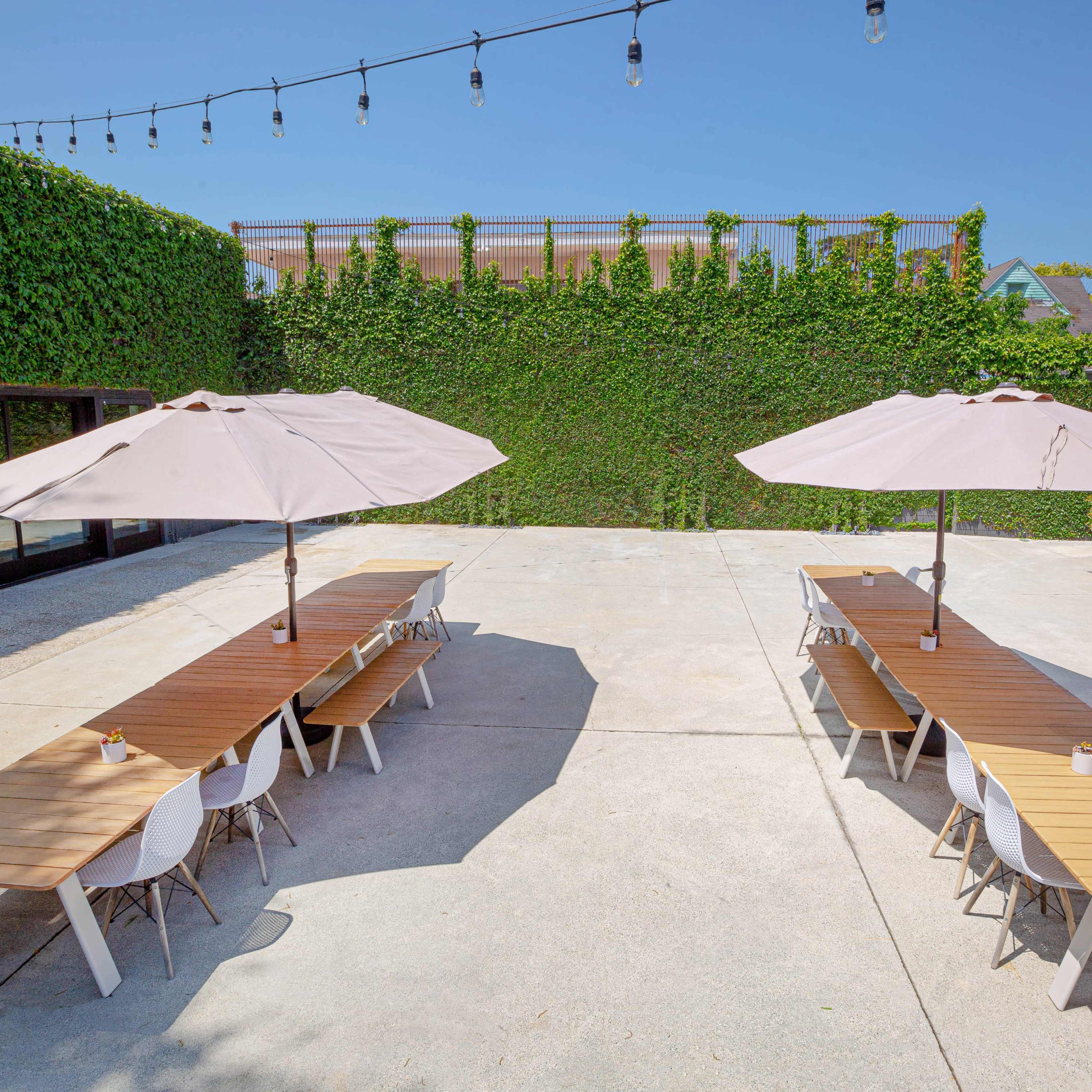 An outdoor dining area with two long wooden tables surrounded by white chairs, shade umbrellas, and a green vine-covered wall in the background.