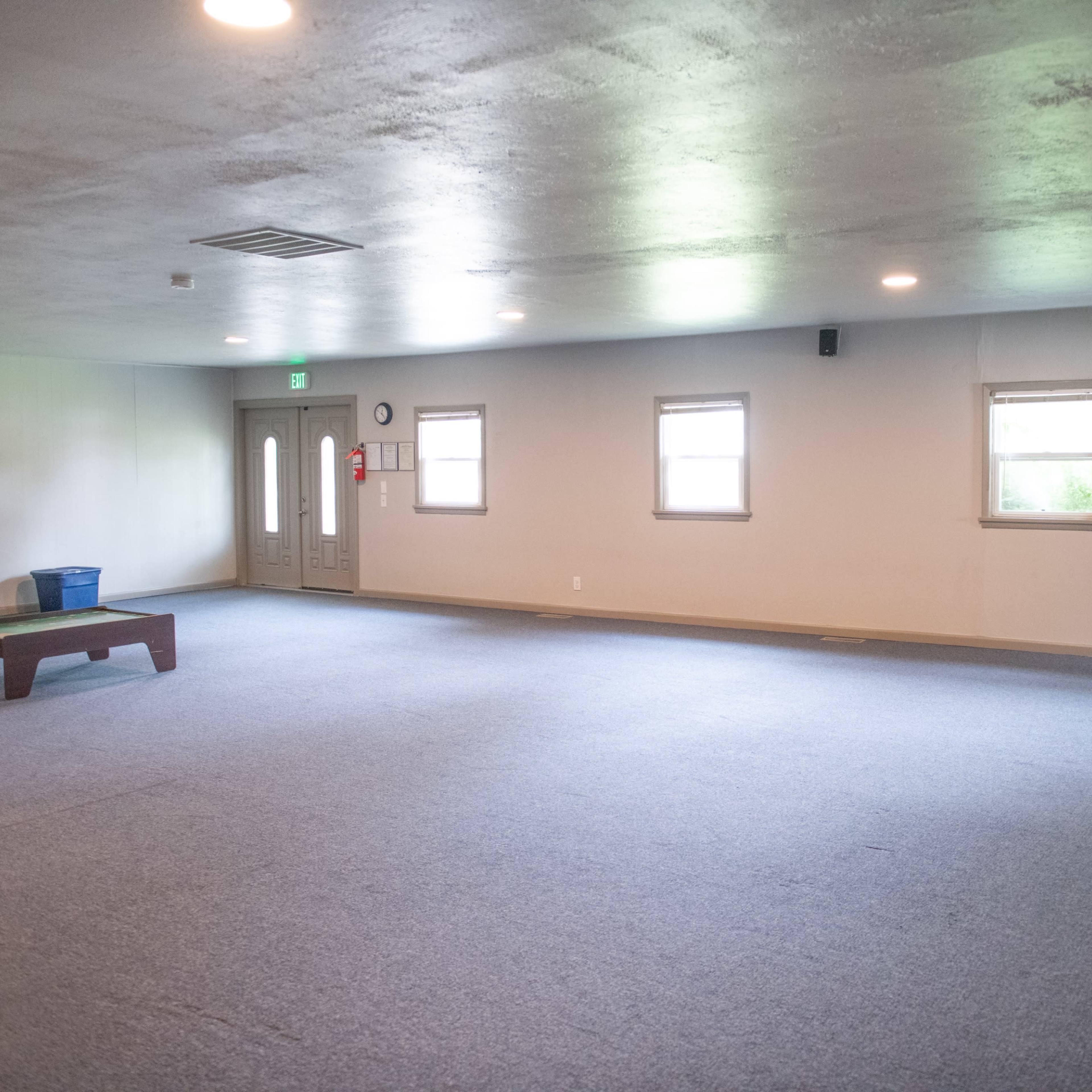 An empty room with gray carpet, several windows, and a plain door at one end.