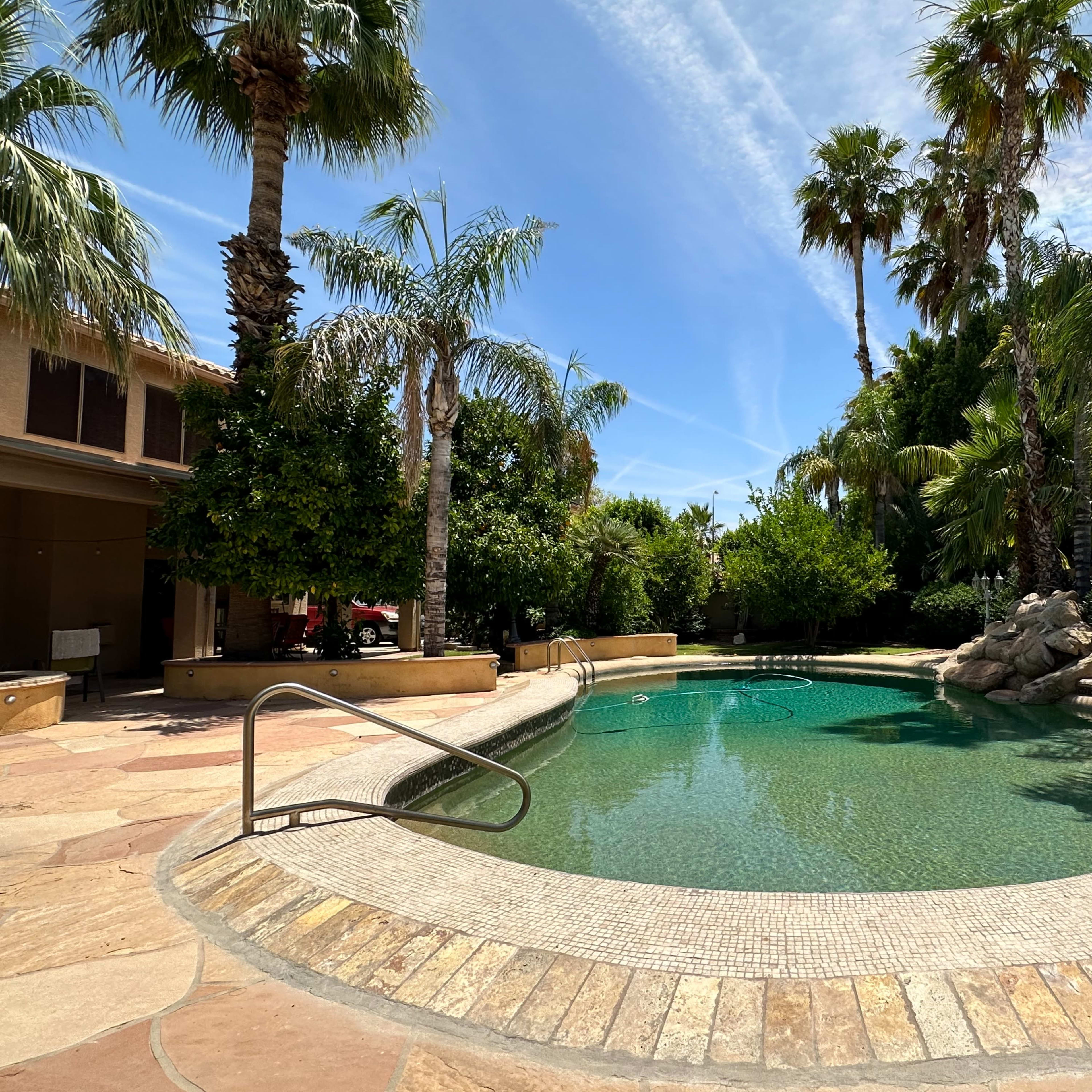 A swimming pool surrounded by palm trees and lush greenery, with a basketball hoop in the background.