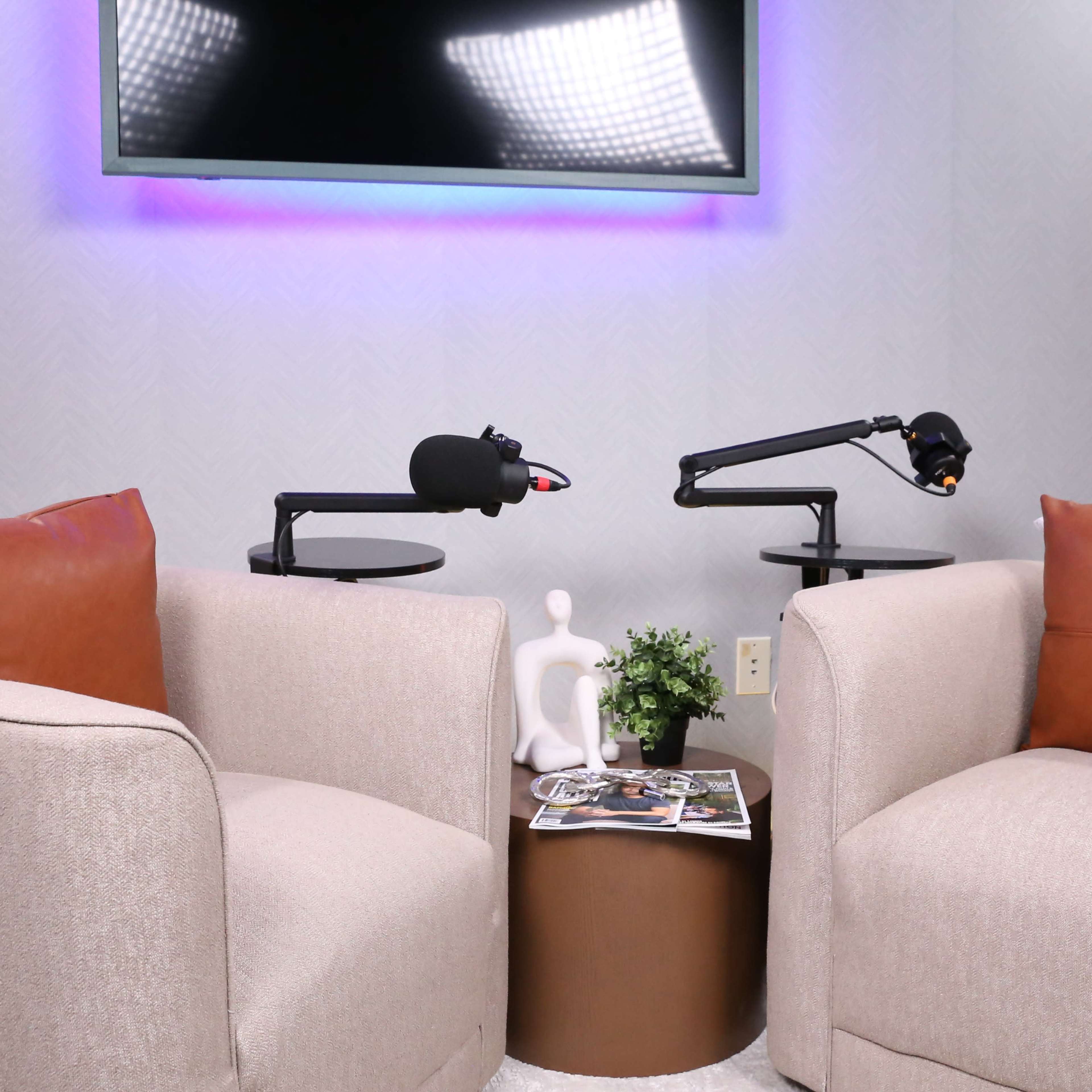 Two beige armchairs with brown leather accents positioned around a small table, featuring a plant and magazines, in front of a wall-mounted screen.
