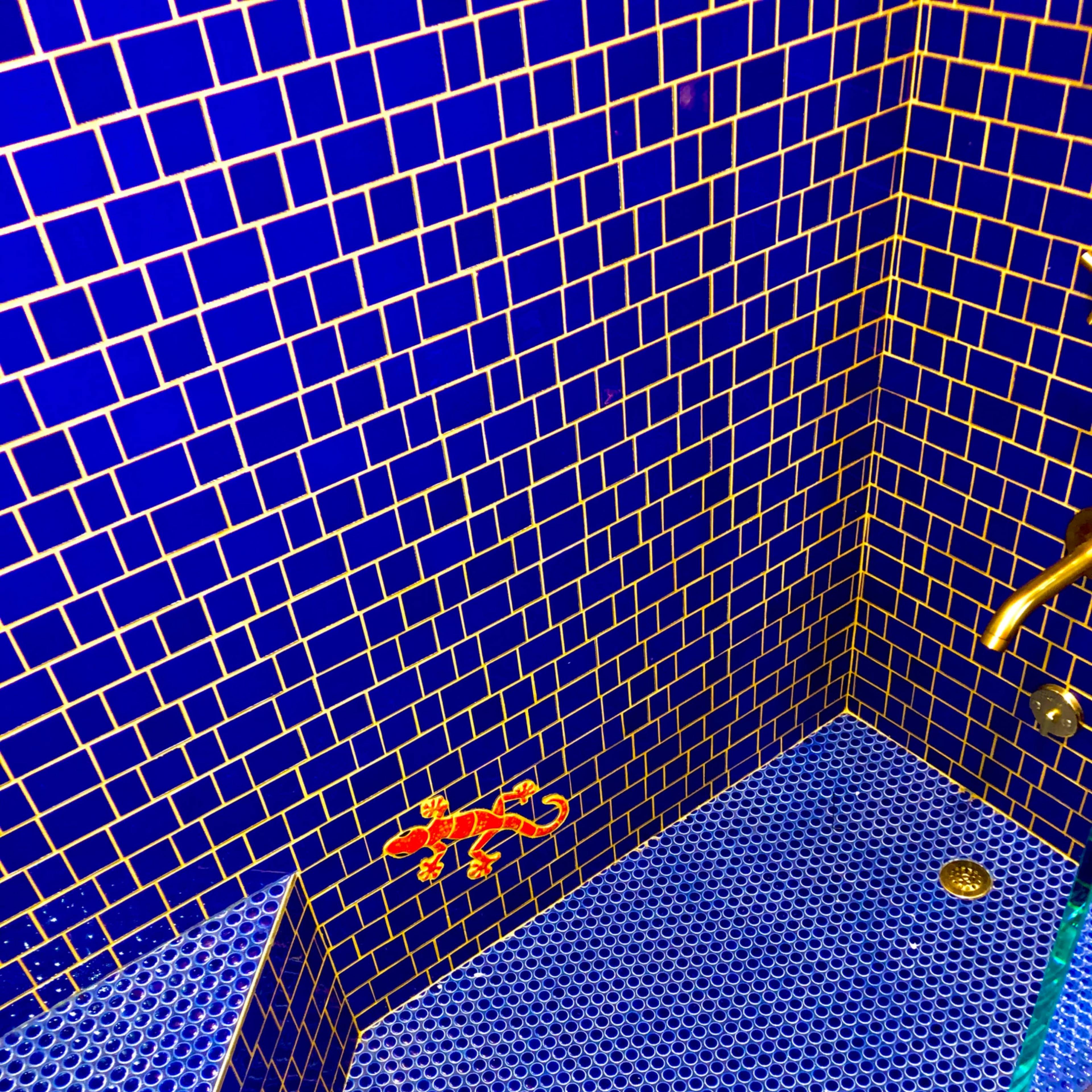 A shower area with blue tiled walls and floor, featuring a small orange lizard design on the wall.