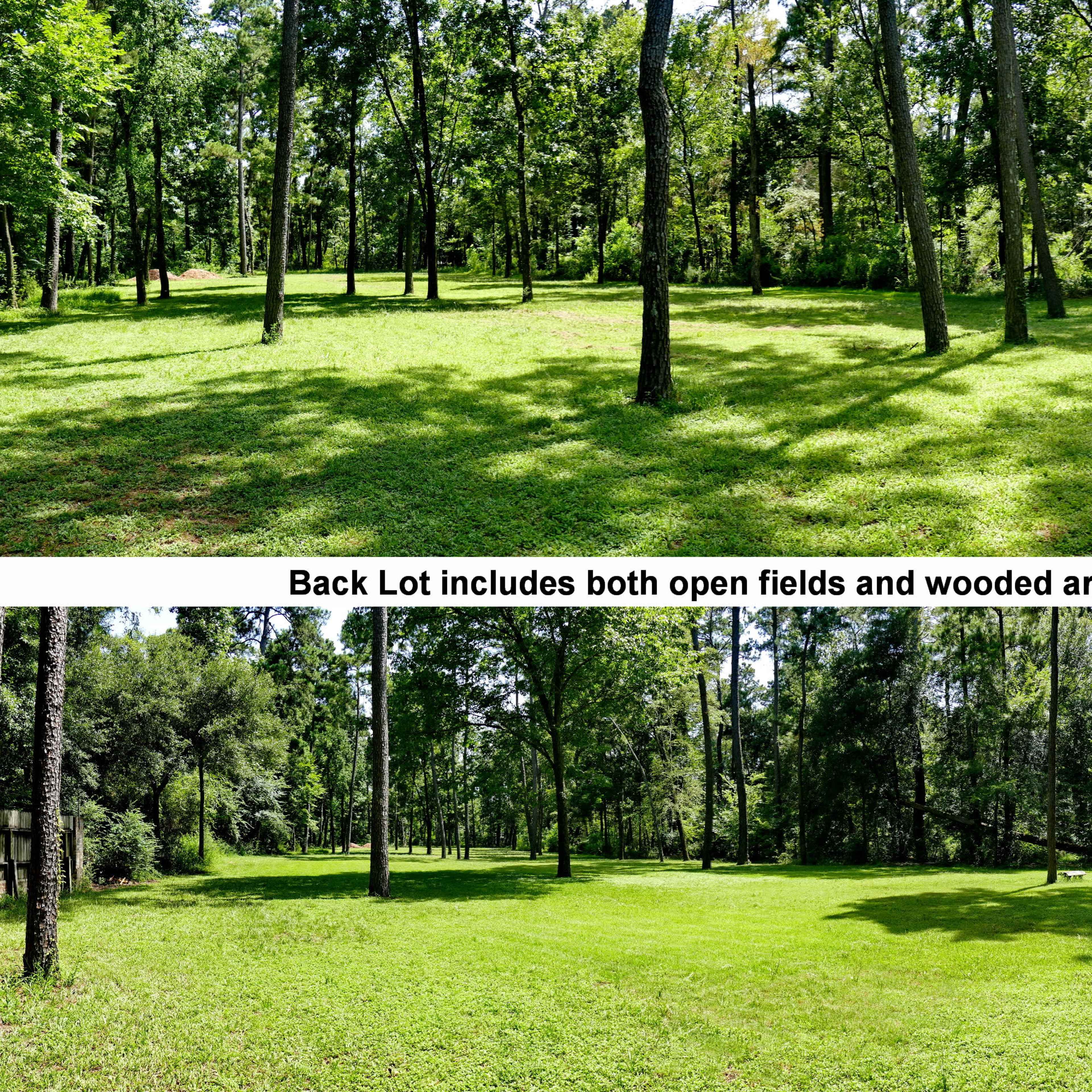 A spacious back lot featuring a mix of open grassy fields and wooded areas, surrounded by tall trees.