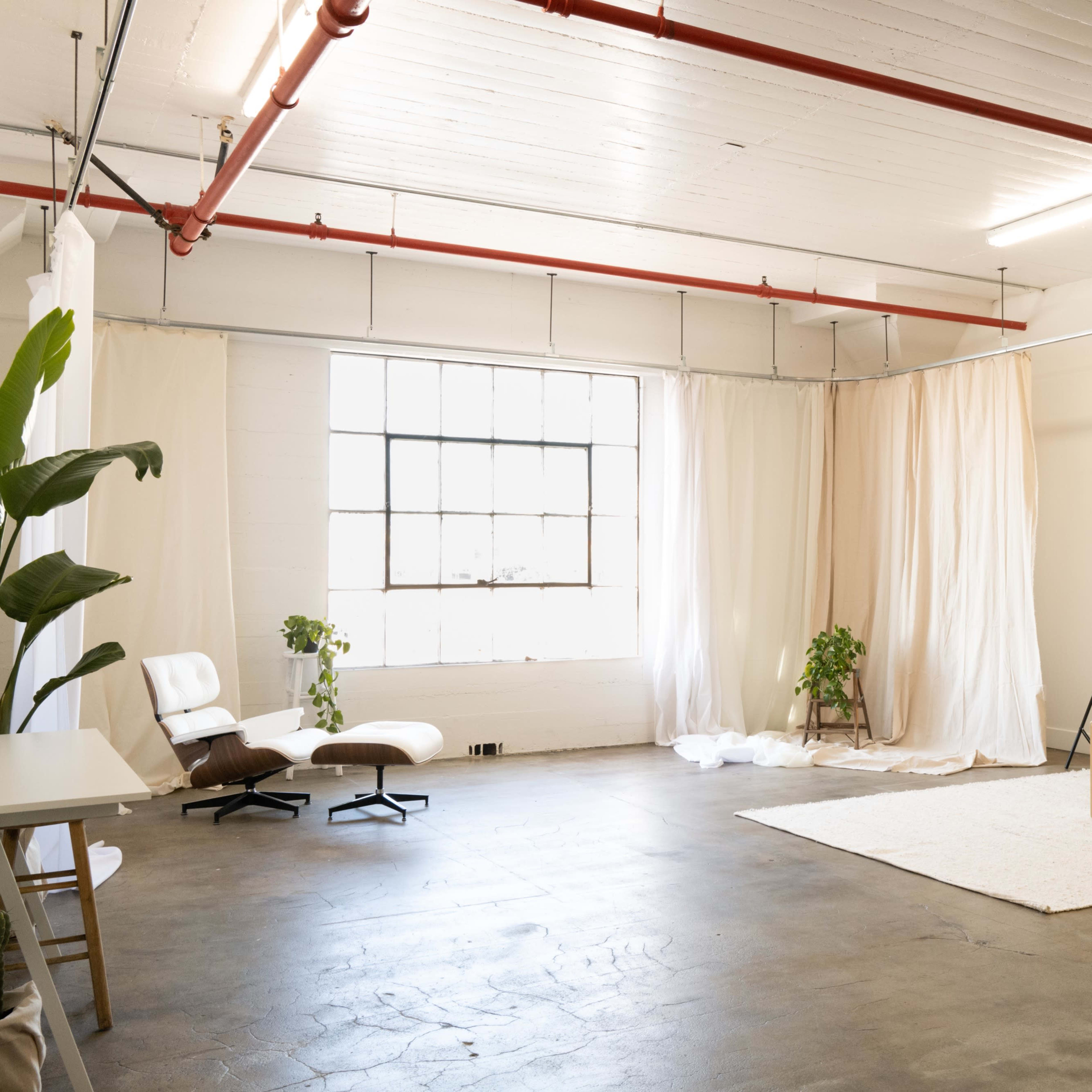 A spacious, well-lit studio with large windows, light-colored walls, and simple decor, including plants and a backdrop setup.