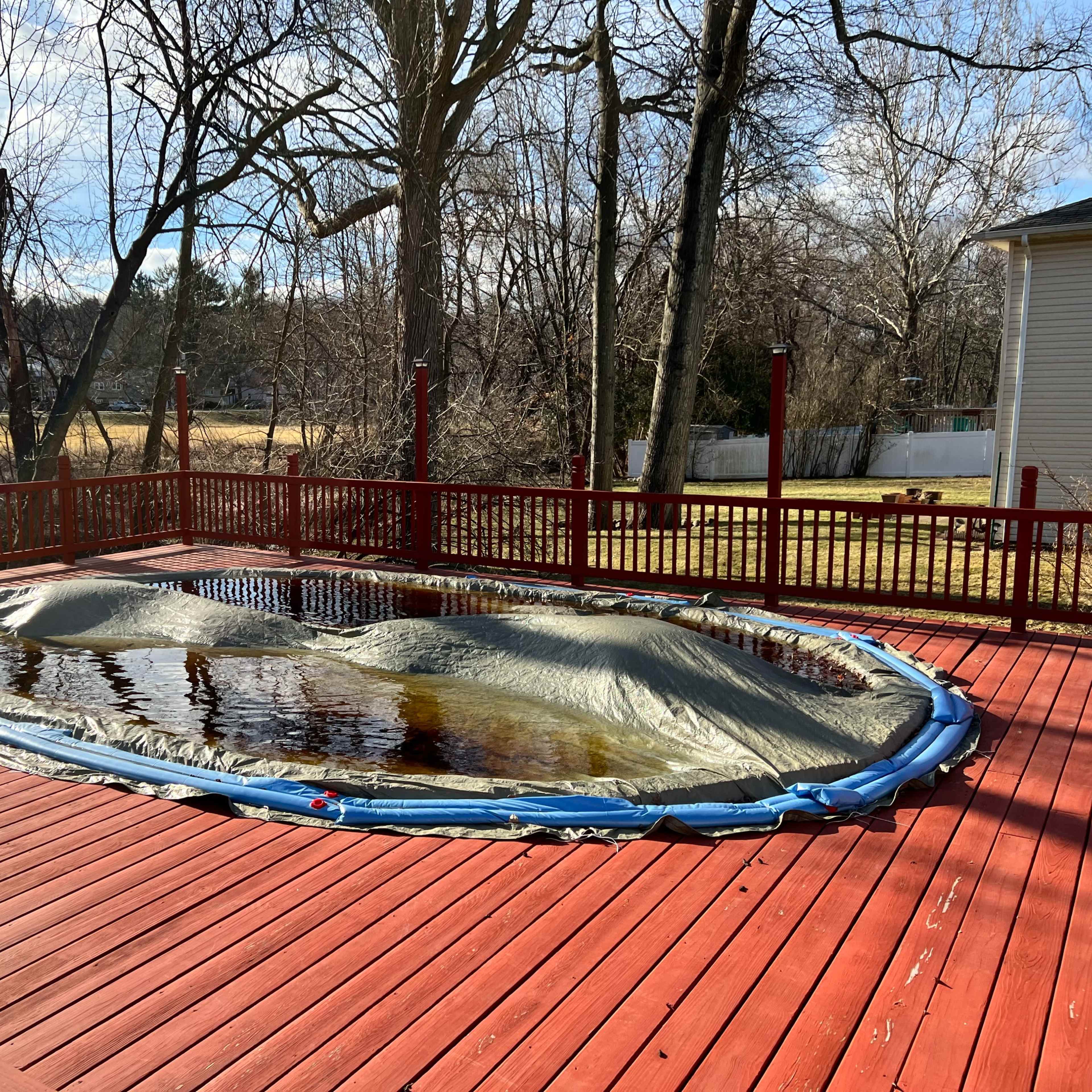 A large, covered pool sits on a wooden deck, surrounded by bare trees and a grassy area in the background.