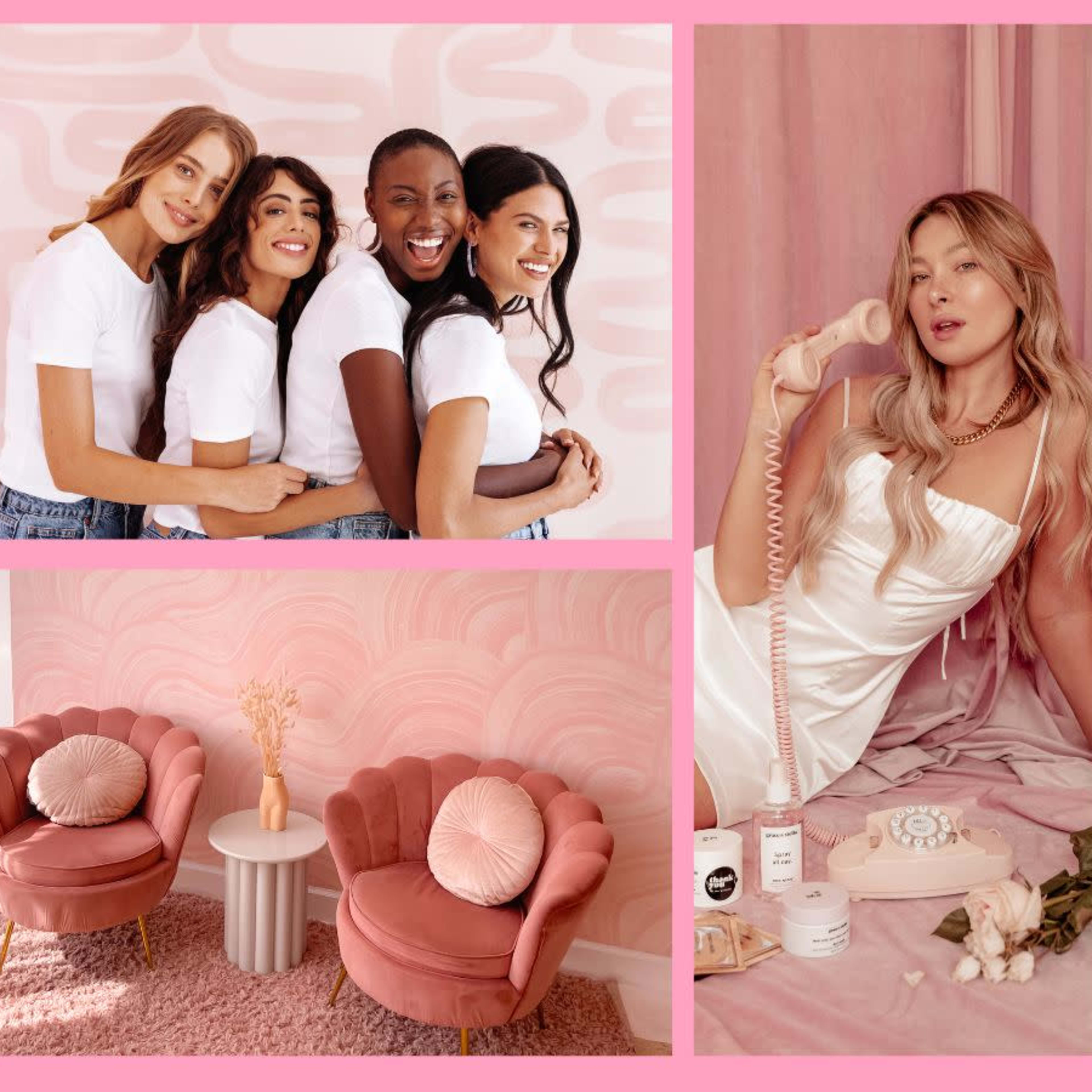 A vibrant summer flash sale advertisement with a pink color scheme, showcasing models in casual attire, stylish furniture, and a phone in a chic setting, all emphasizing the sale price of $120.