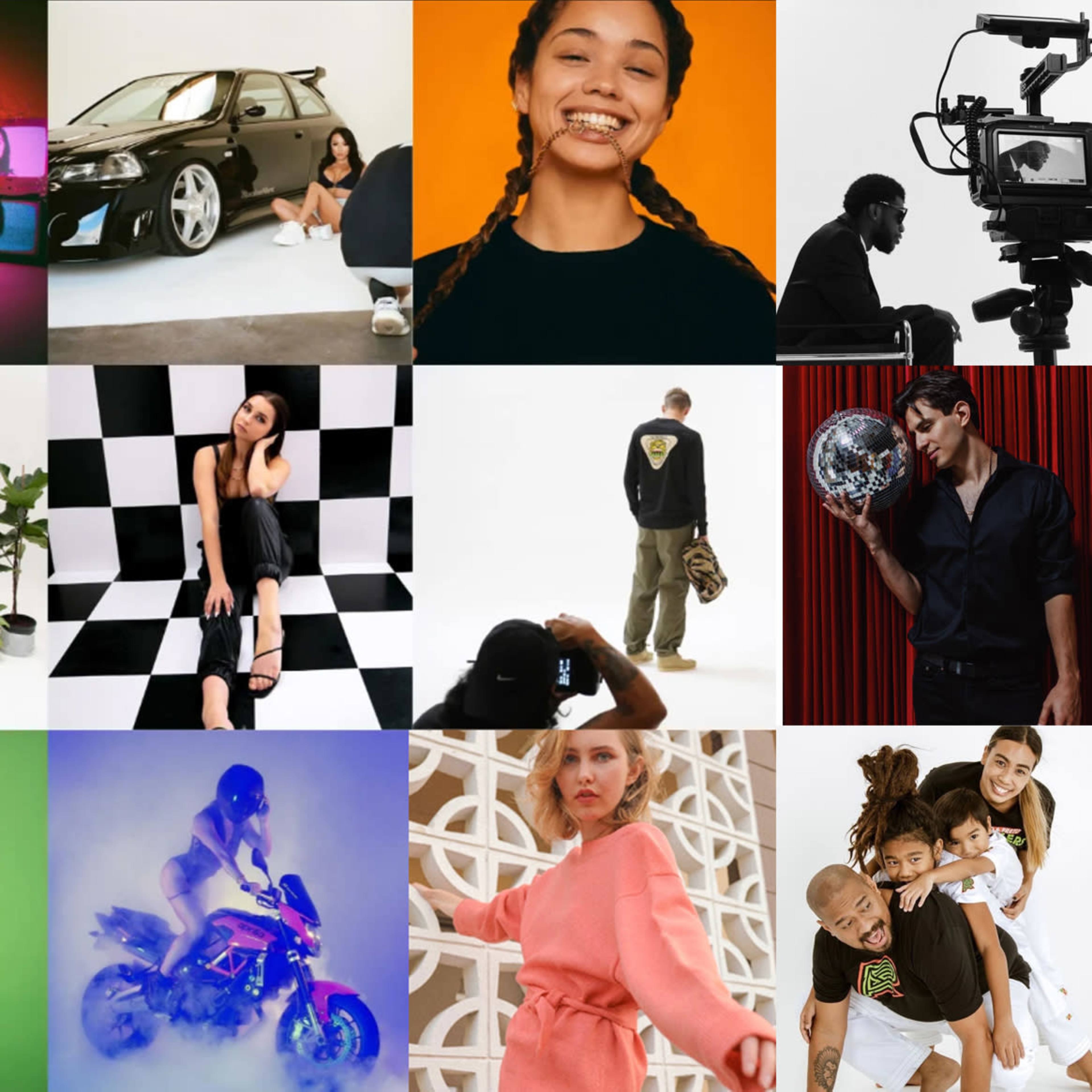 A collage of diverse scenes with people engaged in various activities, including group portraits, solo performances, and artistic setups in distinct environments.