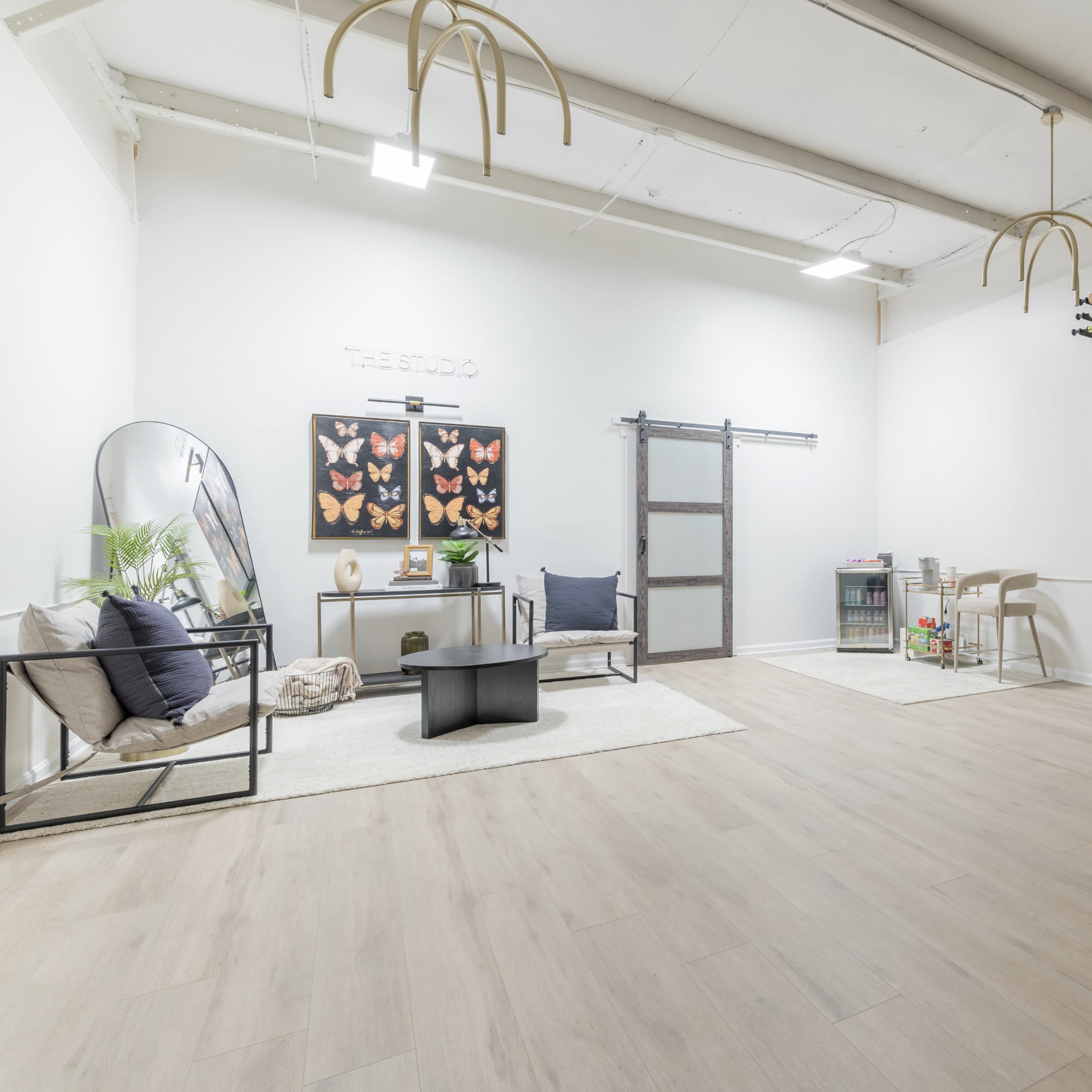 The scene features a spacious, well-lit room with modern furnishings, including a seating area, a large blank wall for presentations, and decorative butterfly artwork.