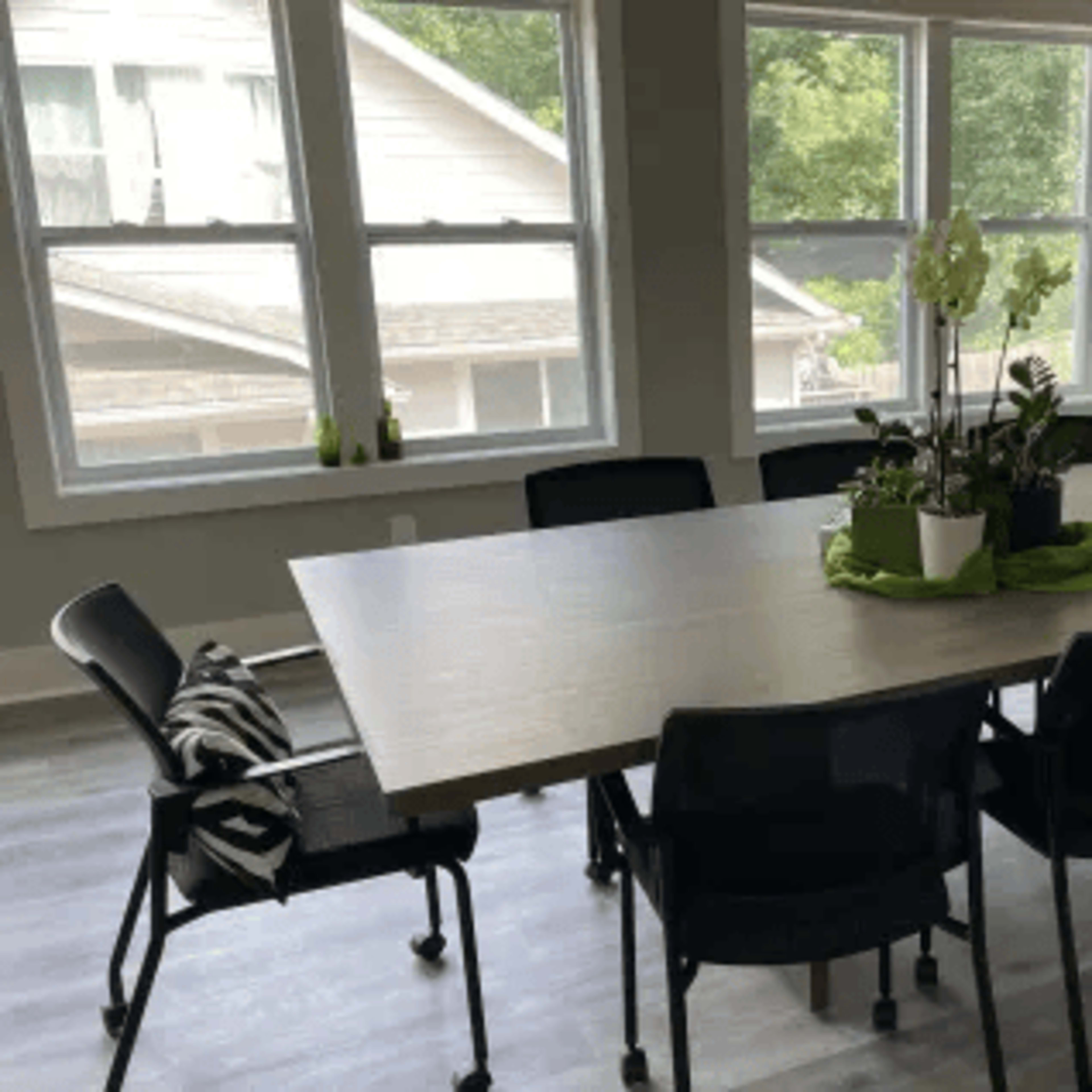 A large rectangular table surrounded by black chairs, with potted plants in the center, set in a brightly lit room with multiple large windows.