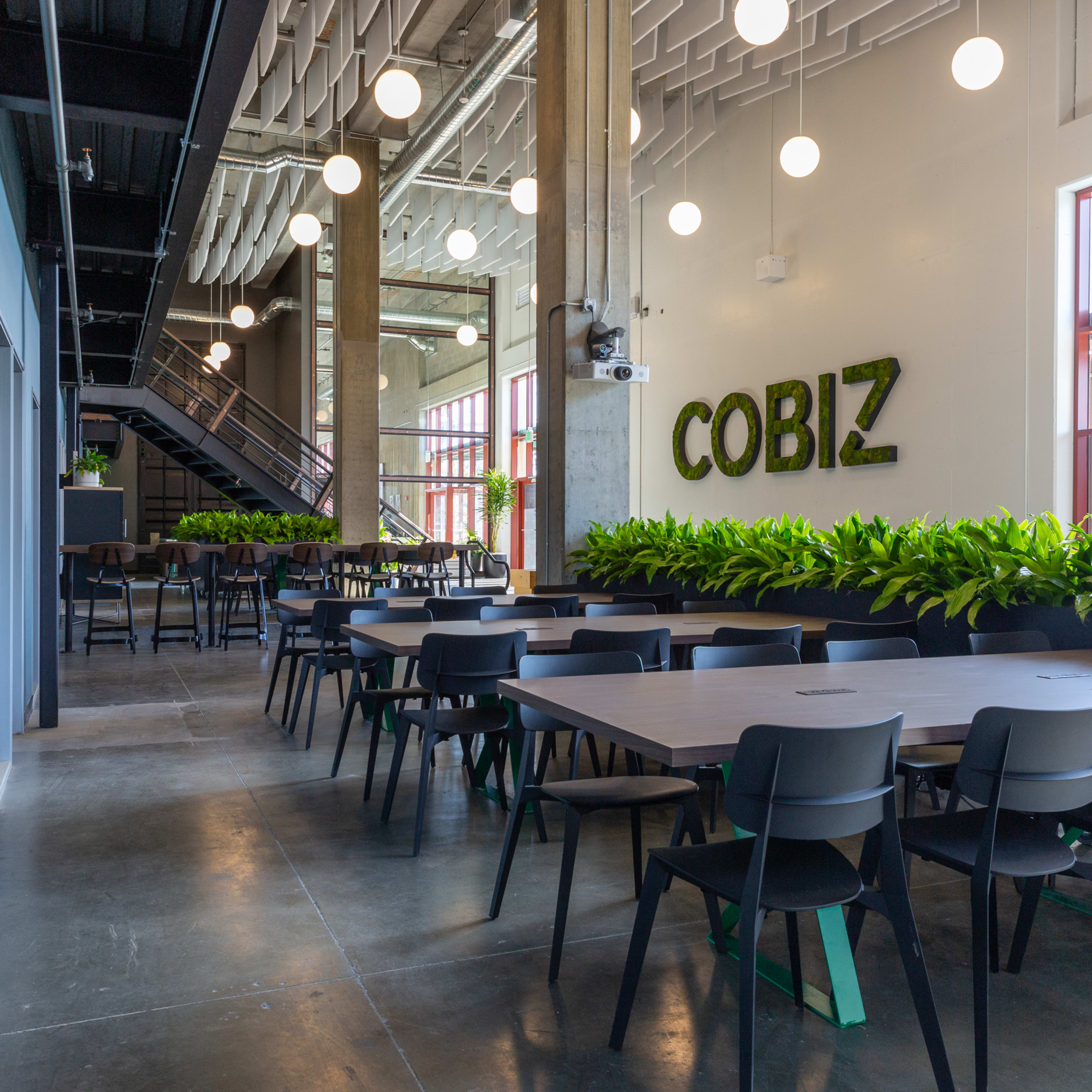 A spacious, modern coworking space with tables and chairs arranged under large windows and green plants along the walls.
