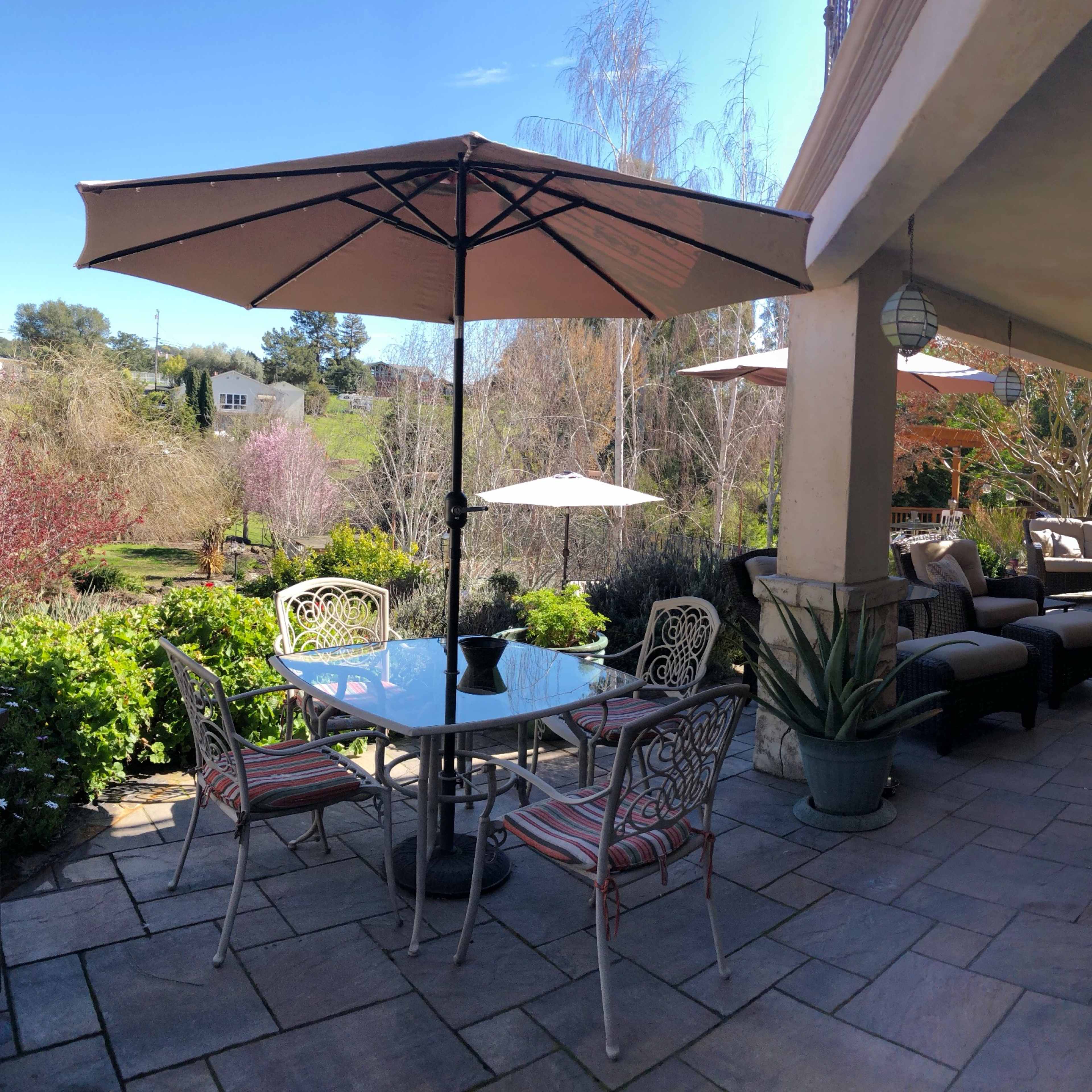 A patio area features a dining table with an umbrella, lounge seating, and a view of a landscaped yard with trees and shrubs.