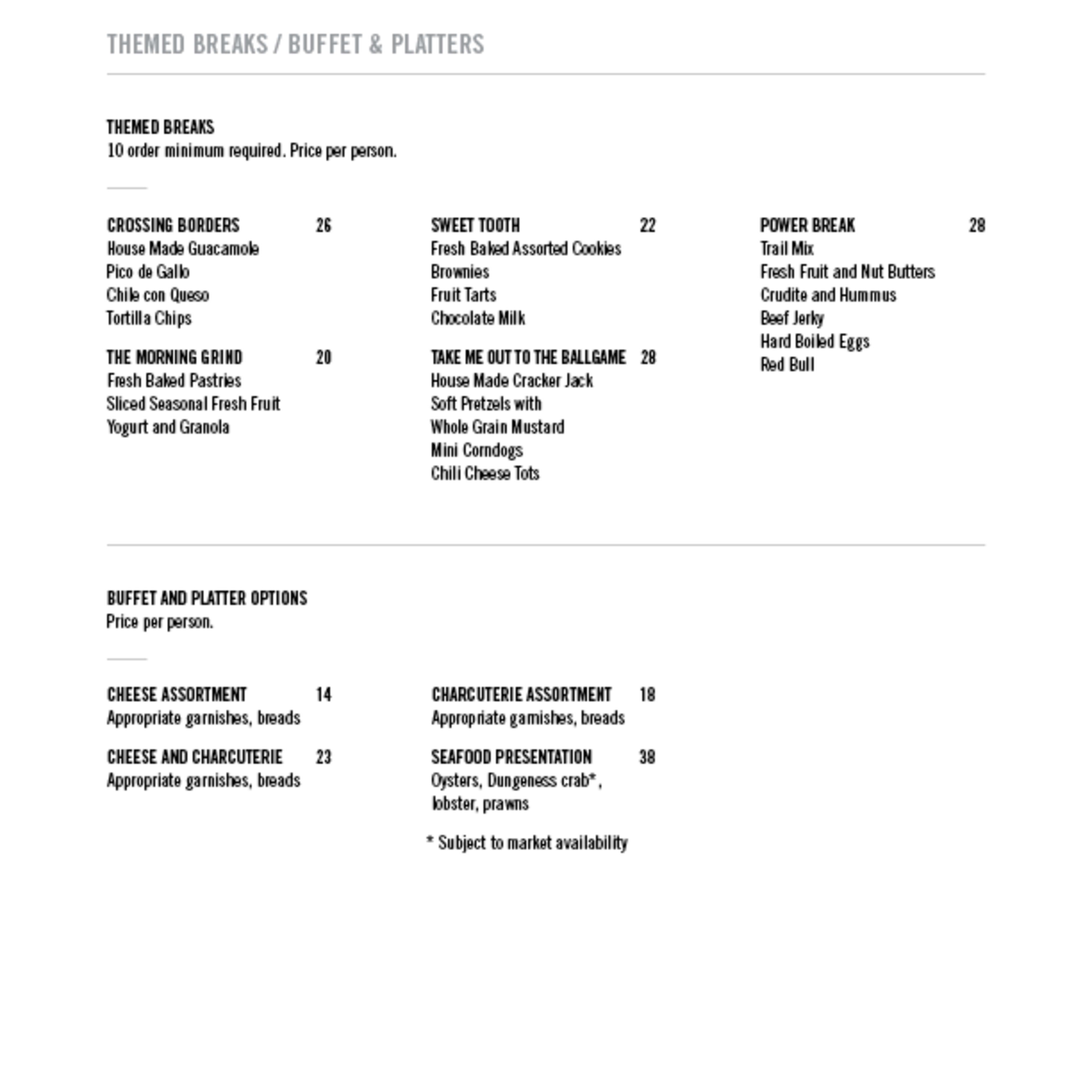 A menu of themed breaks and buffet options, including various food items and their prices per person.