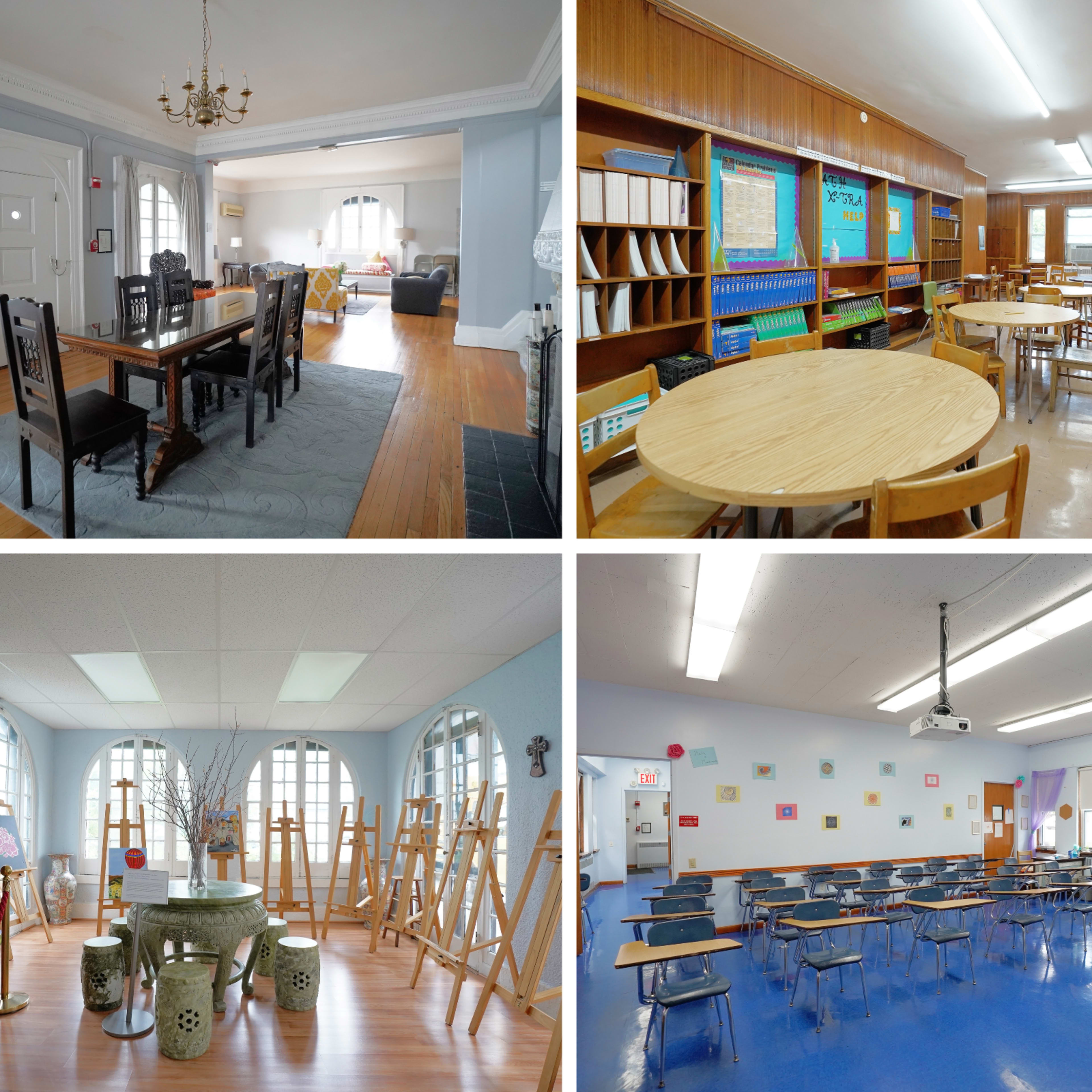 Four distinct rooms: an elegantly furnished living room with a dining area, a classroom with student desks arranged in a circle, an art space with easels and a decorative table, and another classroom with rows of desks and bright blue flooring.