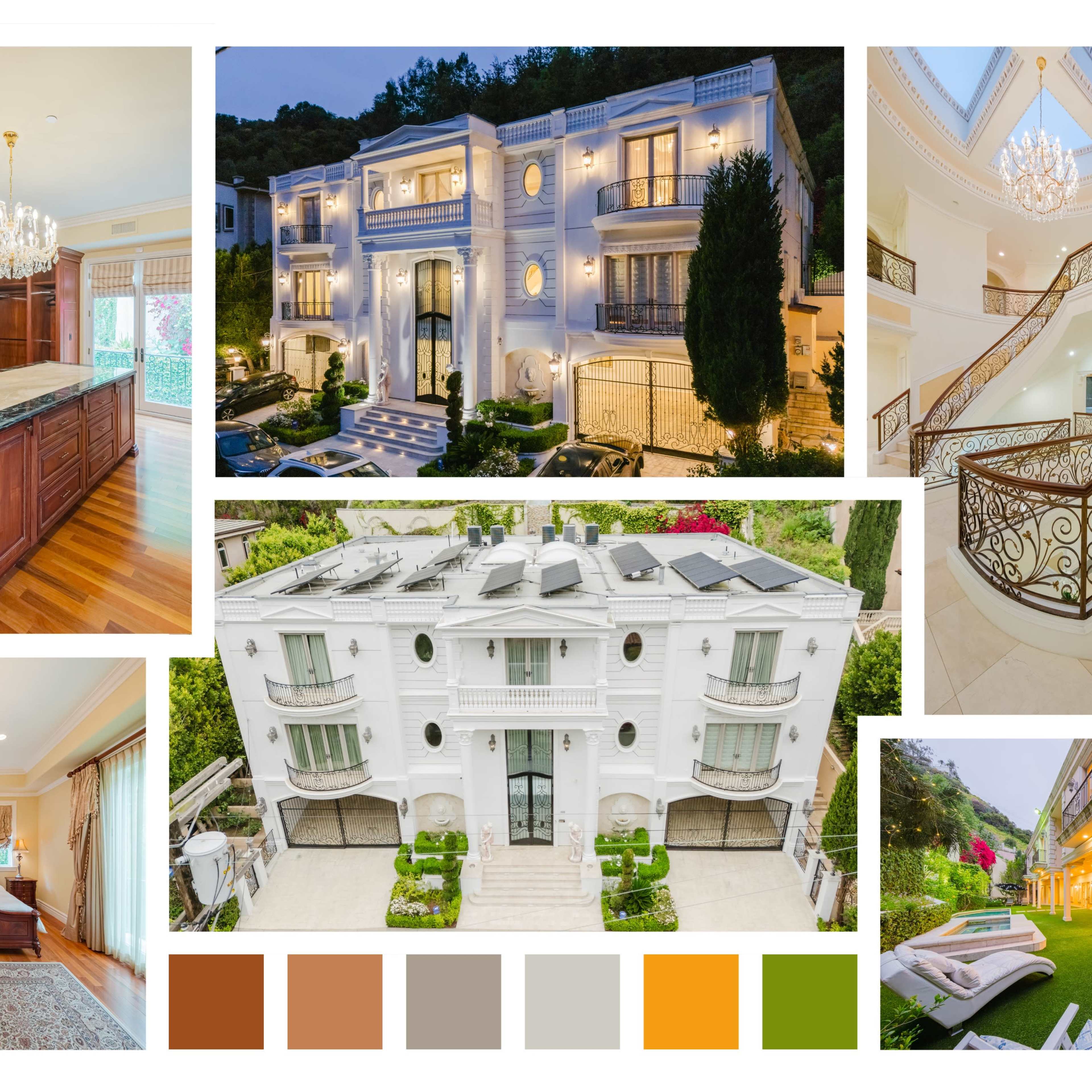 A luxurious property with elegant interiors, a grand staircase, and a stately exterior surrounded by lush greenery.