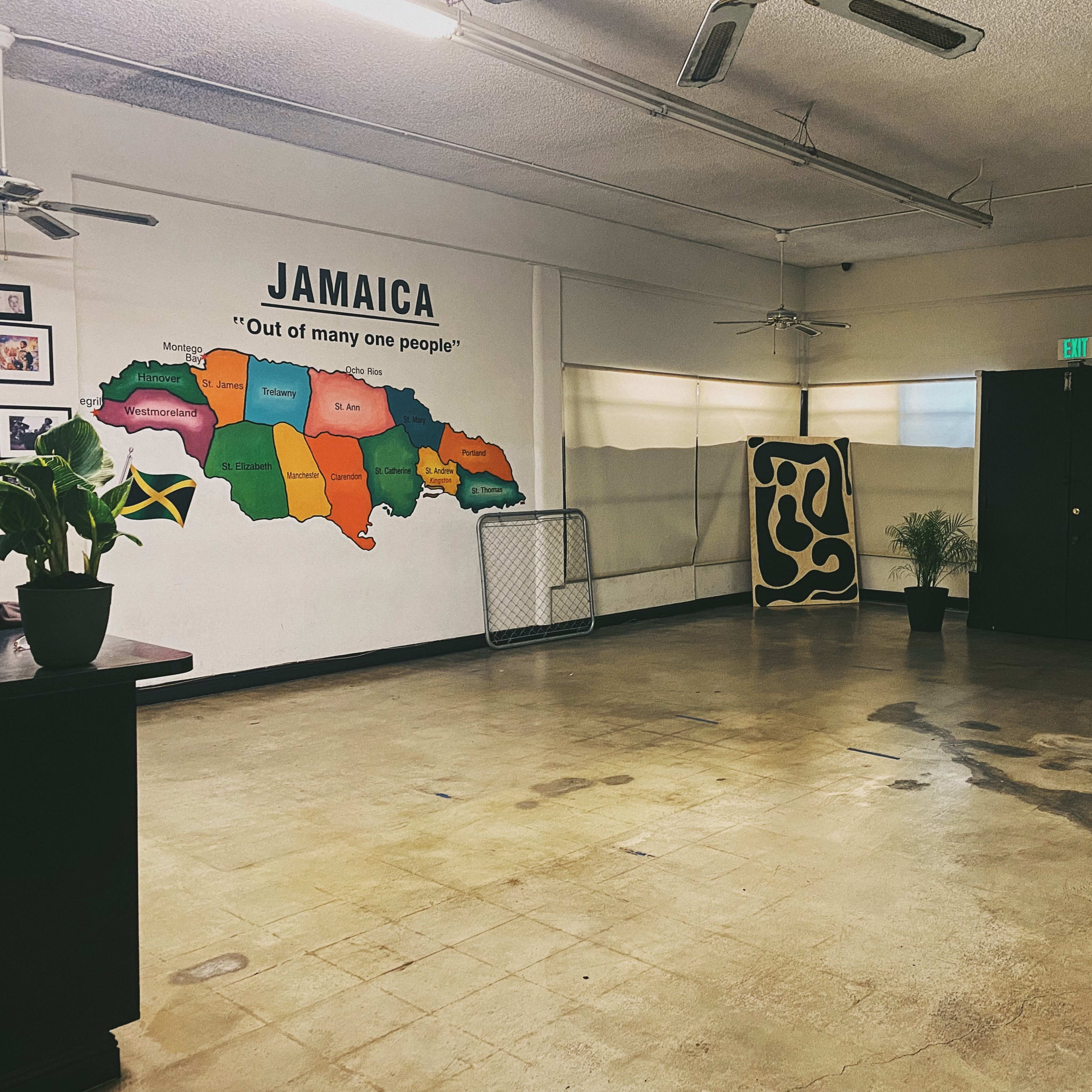 An empty room featuring a map of Jamaica on the wall, with two plants in black pots and a large abstract design against one side.