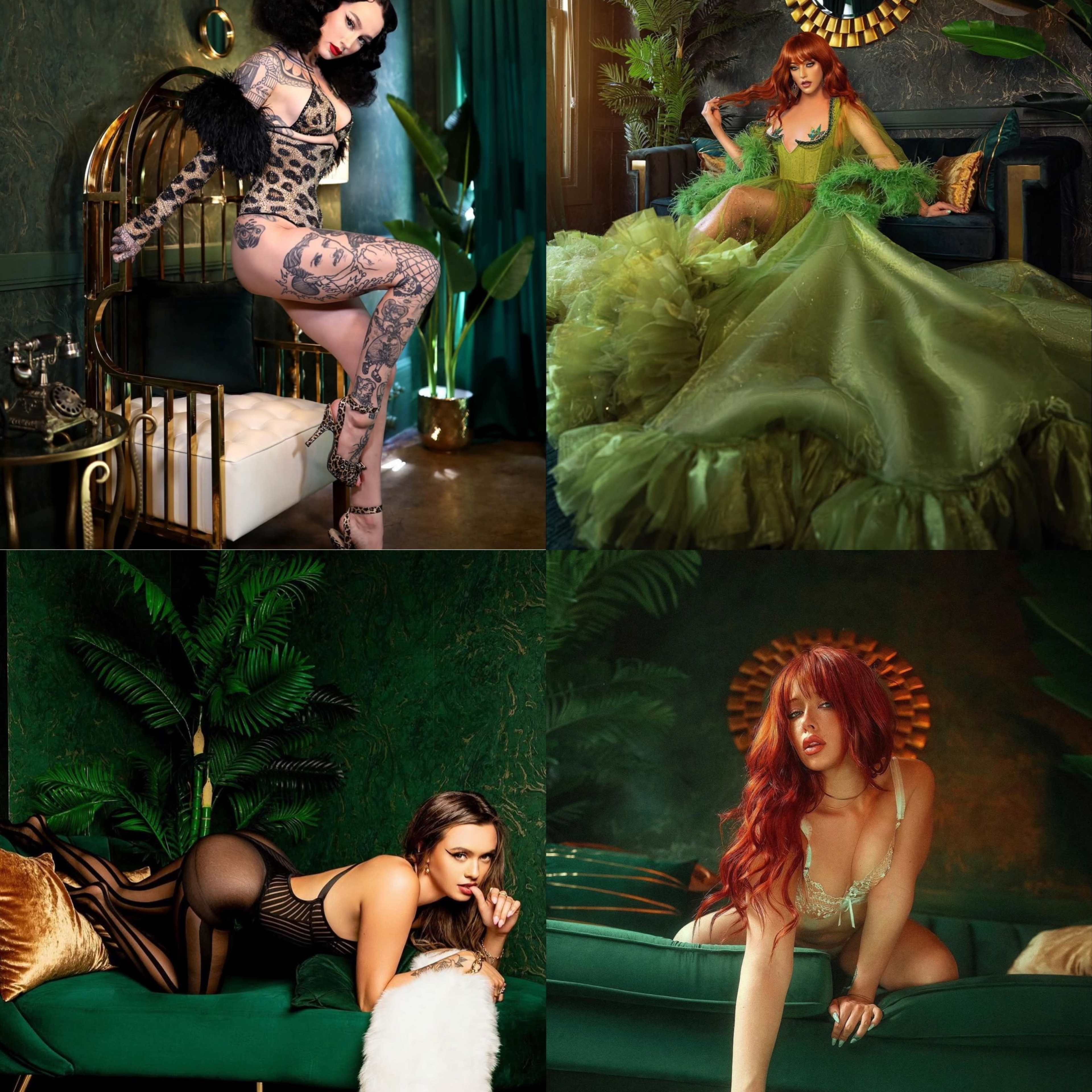 Four distinct scenes of women posing in luxurious, stylish settings with rich green decor and various outfits.