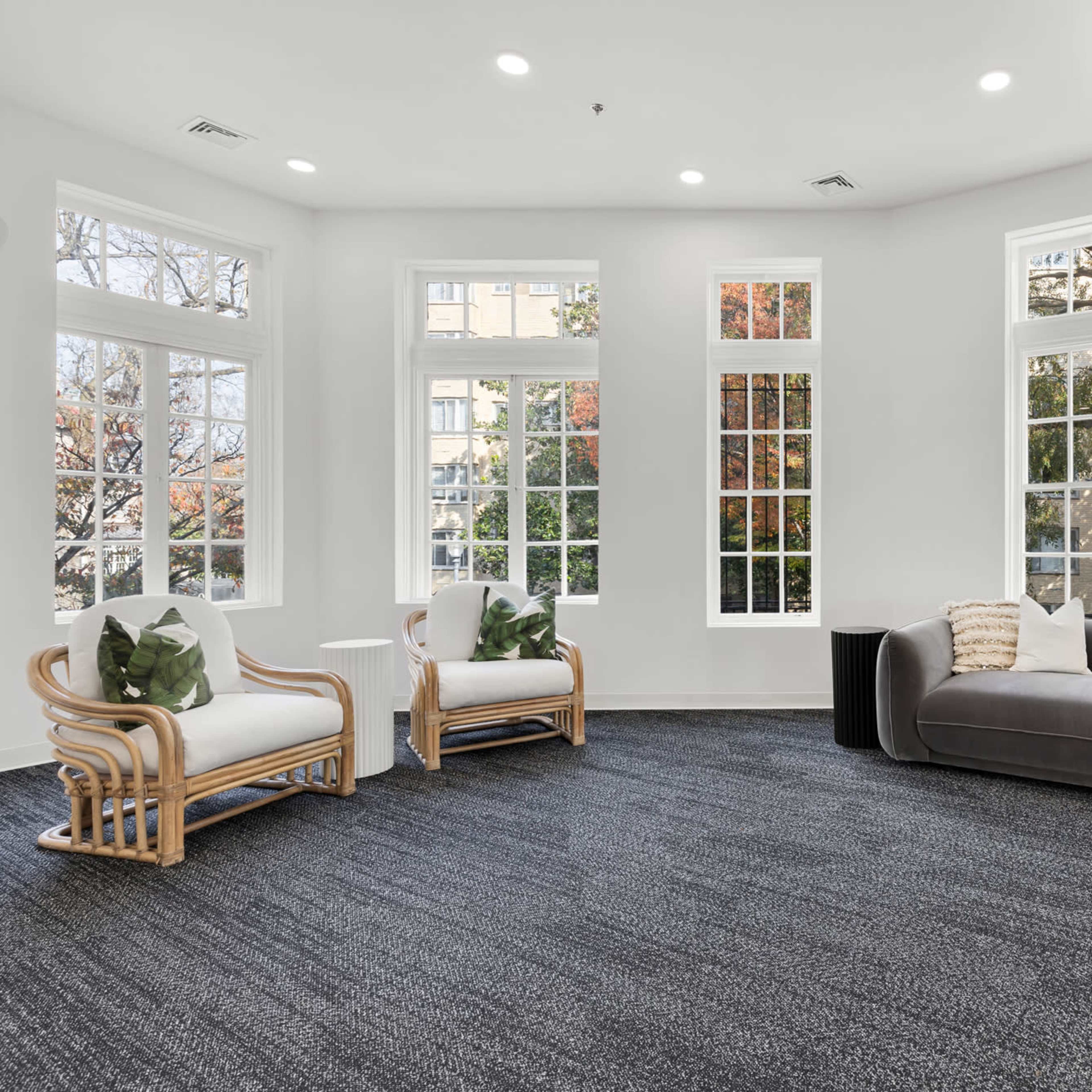 A bright room features two rattan chairs and a plush gray sofa, surrounded by large windows that offer a view of trees.