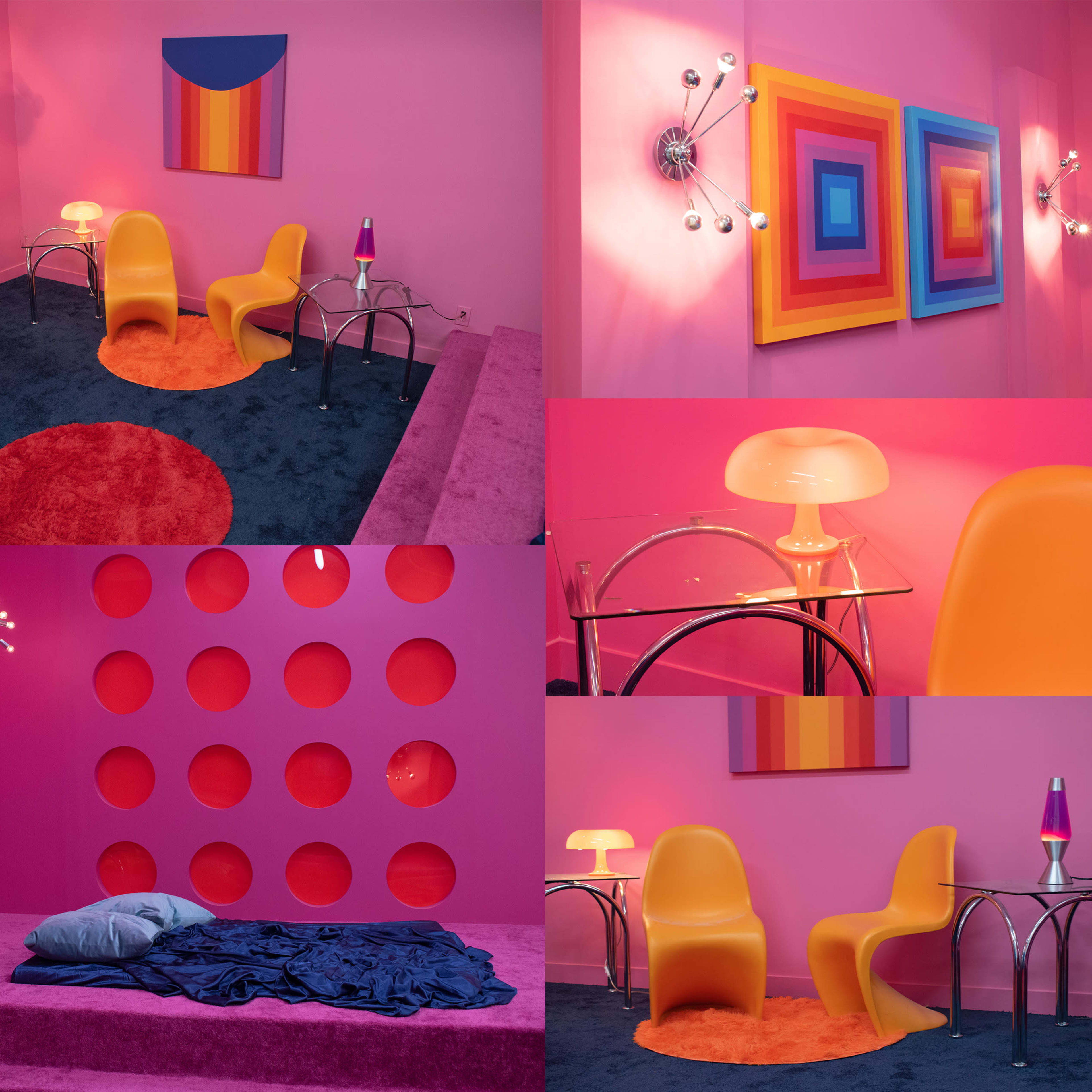 A vibrant, pink-themed interior featuring geometric artwork, modern furniture, and unique lighting fixtures.