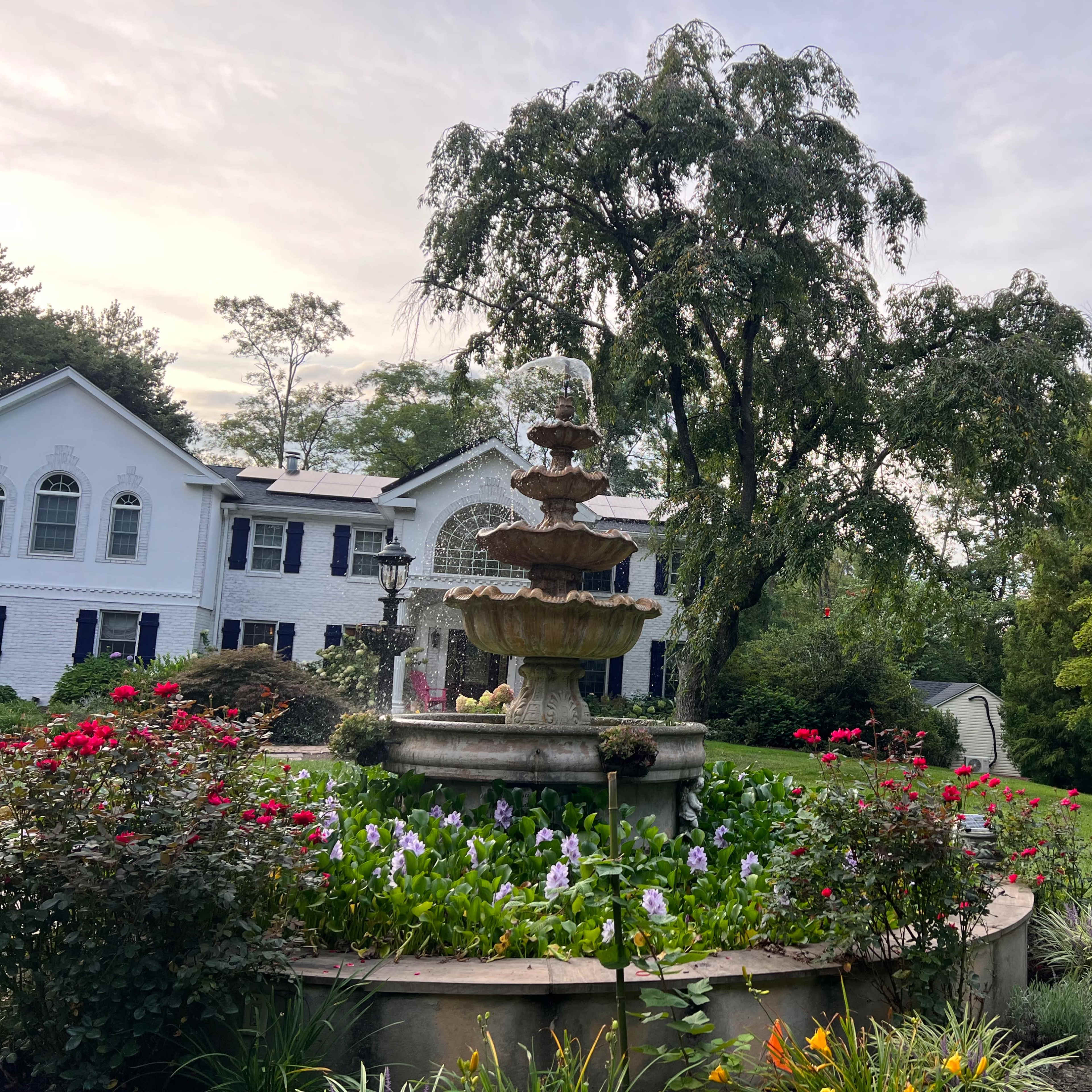 A landscaped garden with a fountain surrounded by colorful flowers, set in front of a large white house with blue shutters.