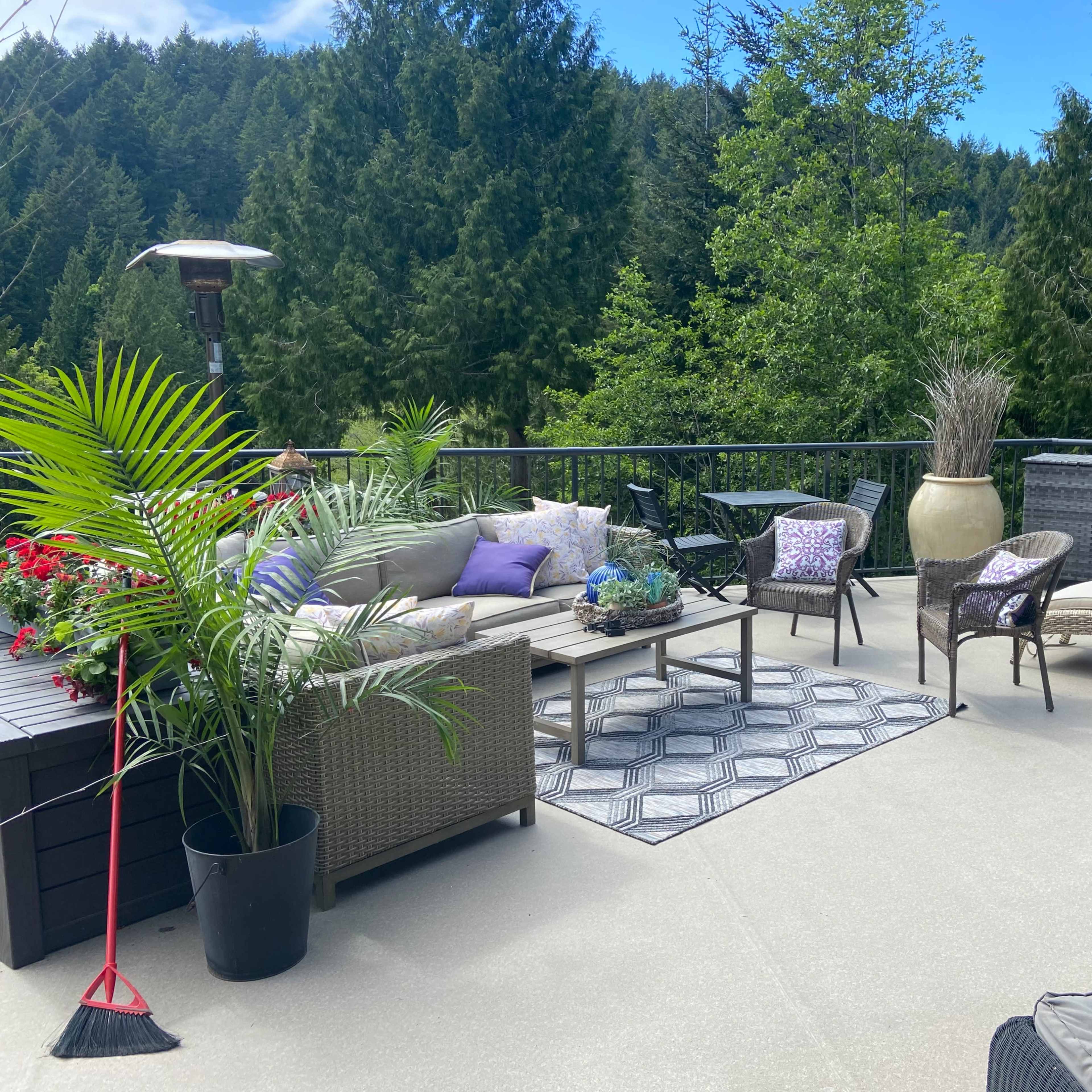 A patio area featuring a seating arrangement with a table, a chaise lounge, planters, and a view of trees in the background.