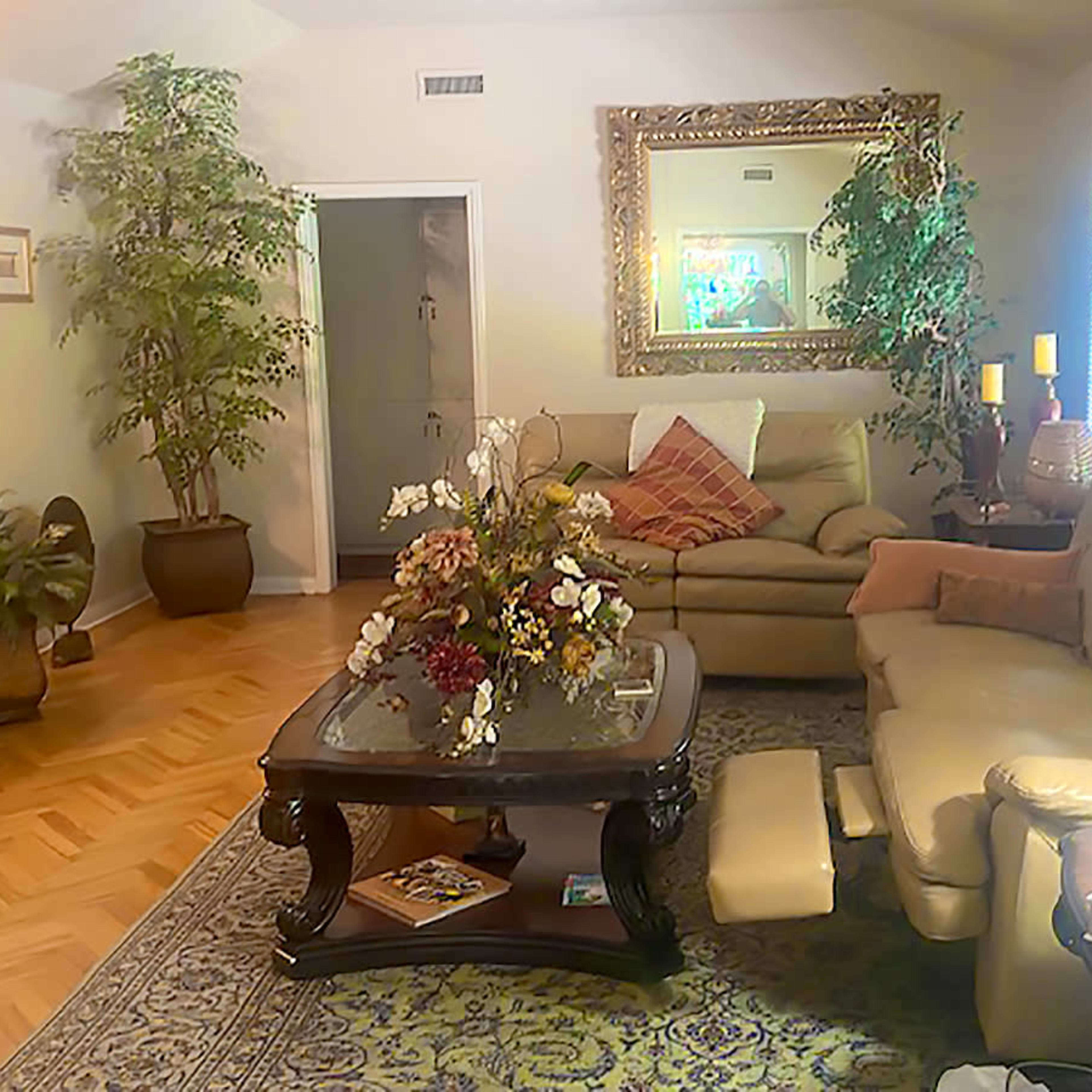 A furnished living room with two sofas, a coffee table adorned with flowers, and various decorative plants.