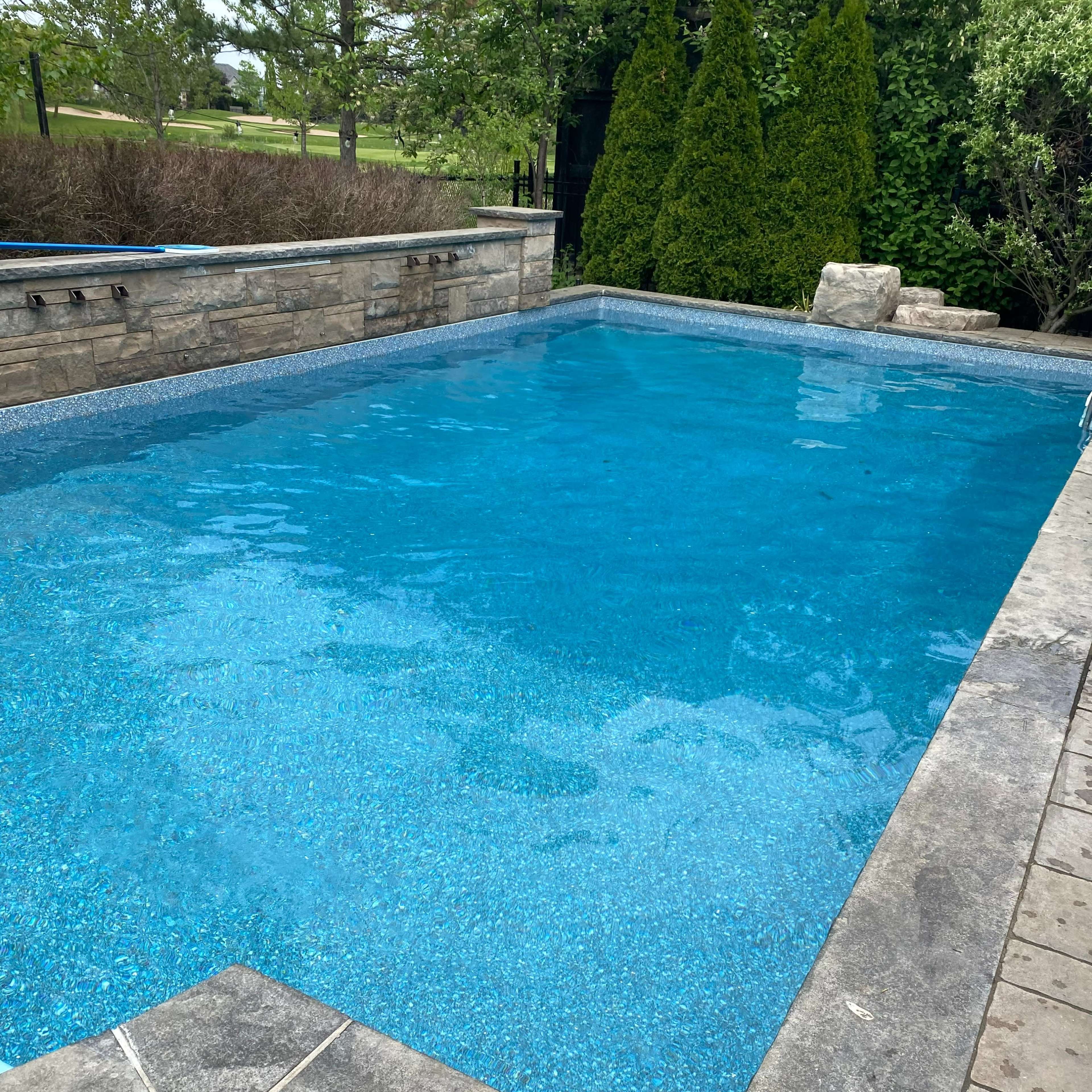 A clear swimming pool surrounded by stone paving and lush green landscaping.