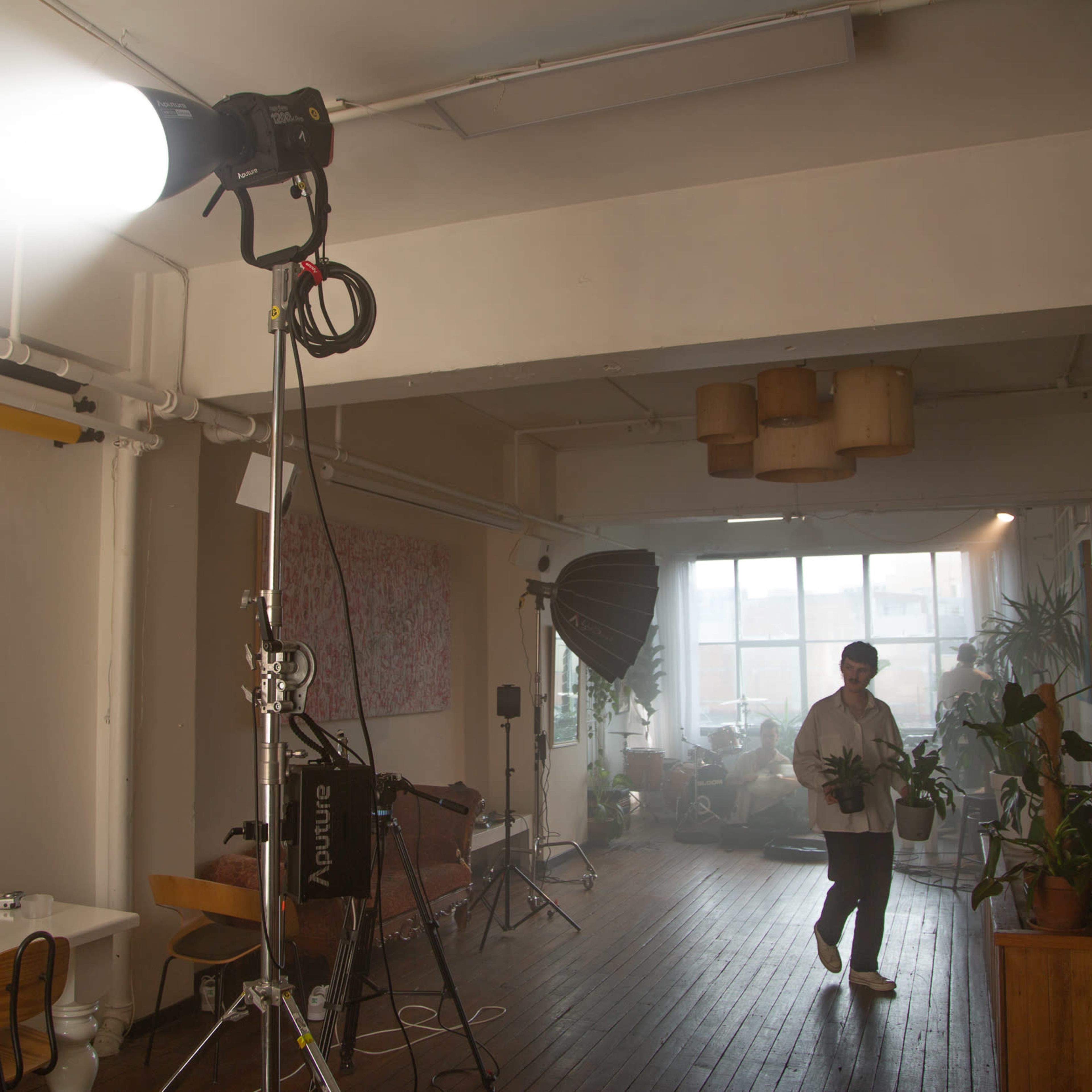 A person holding a plant stands in a well-lit studio filled with plants and photography equipment.