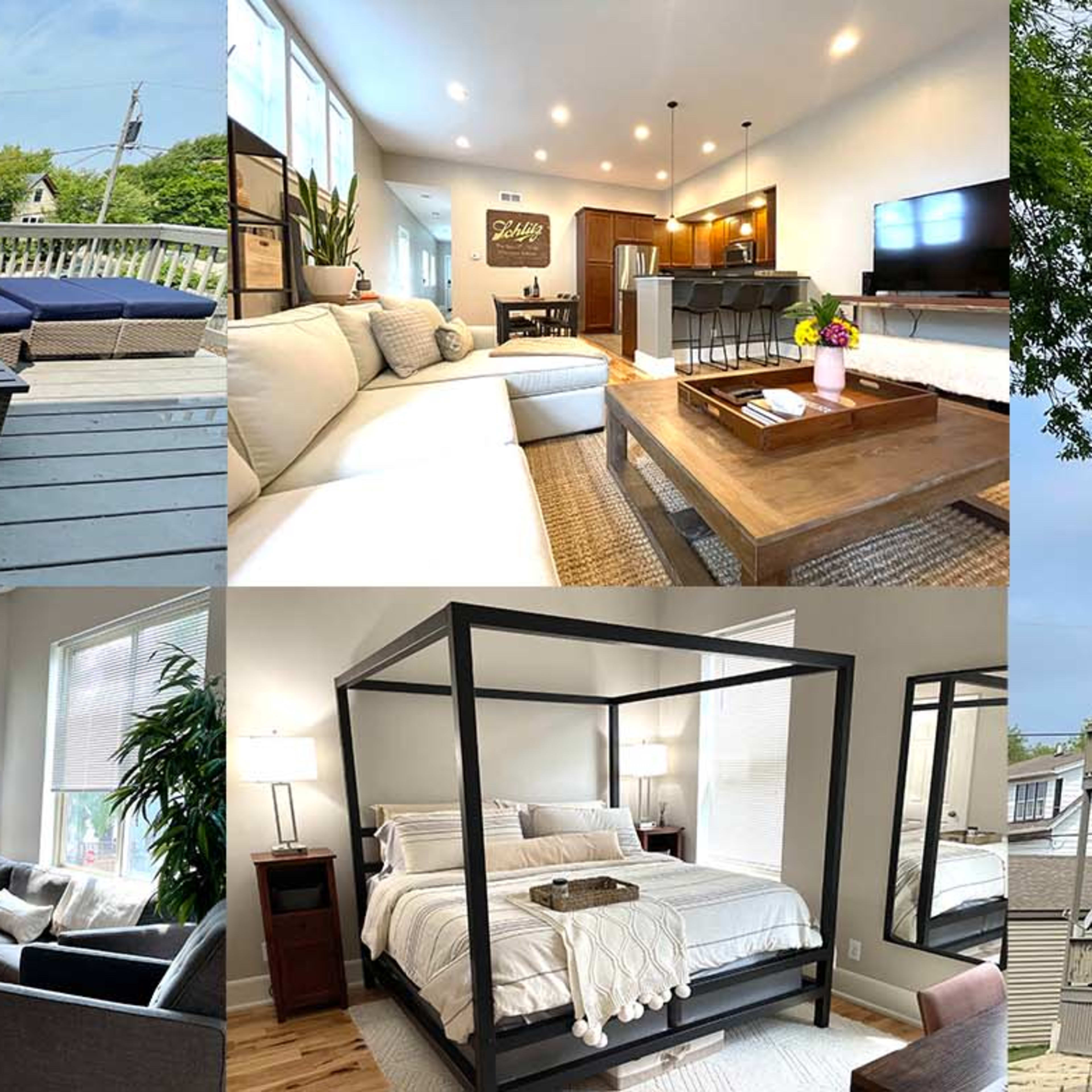 A collage of interior and exterior views of a house, including a cozy living room, a modern bedroom with a four-poster bed, an inviting outdoor deck with seating, and the stylish facade of the home.