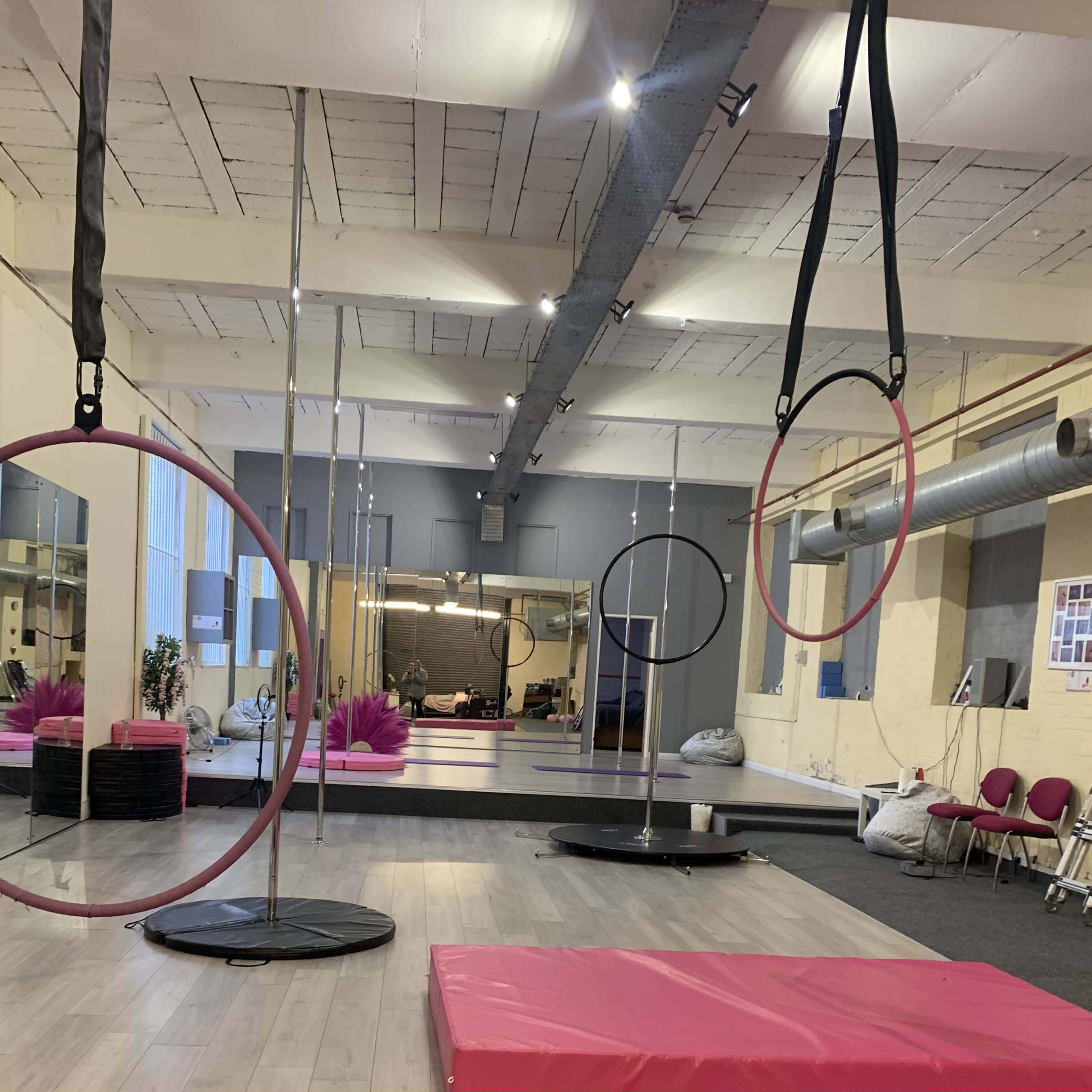 An aerial fitness studio with several suspended hoops, mirrors, and soft flooring.