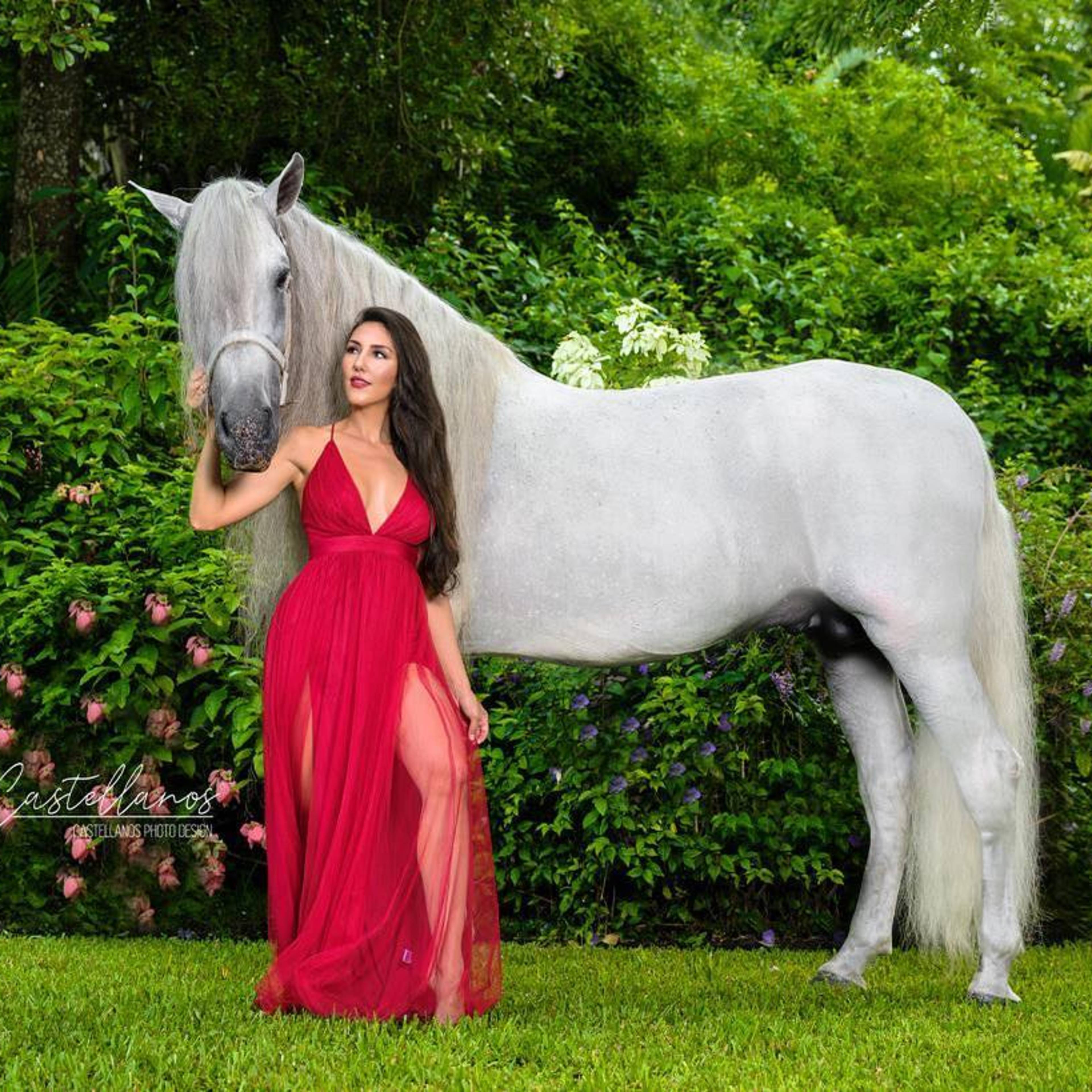 A woman in a red dress stands next to a gray horse in a lush garden setting.